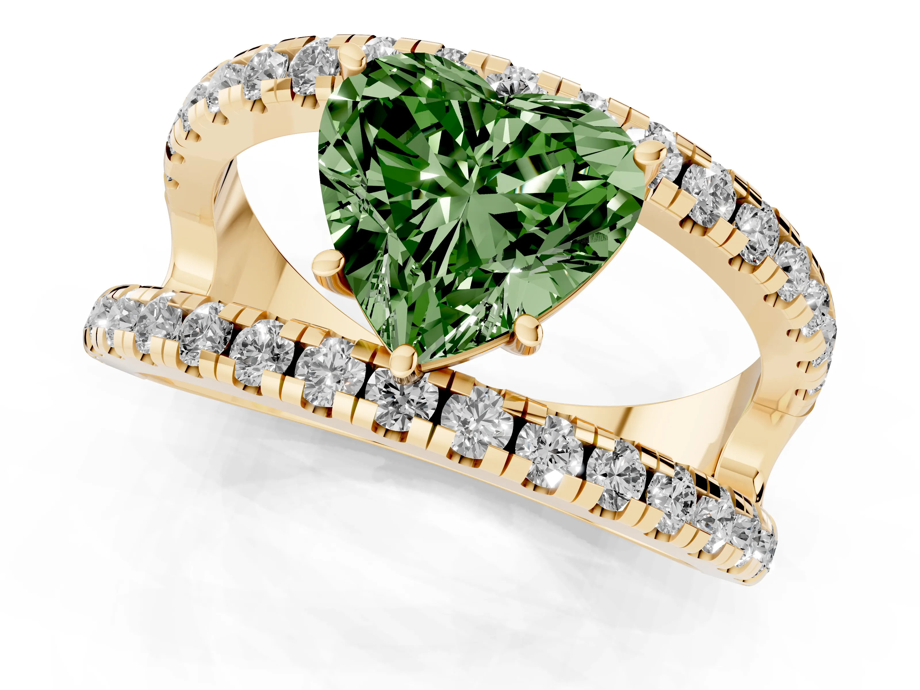 Fancy Green Heart Cut Diamond Split Shank Pavé Solitaire Ring Set in Yellow gold with Open Shank Design