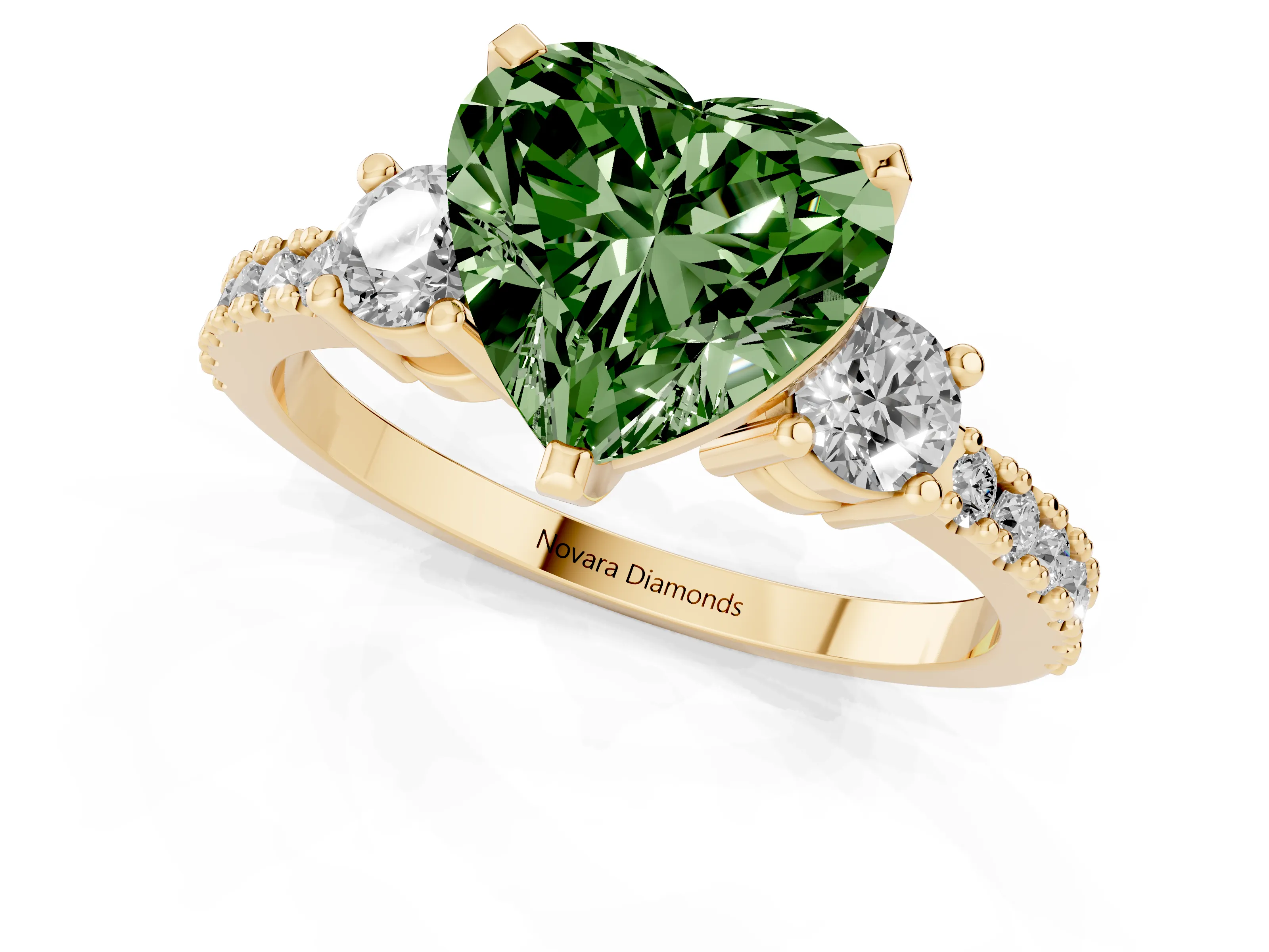 Fancy Green Three-Stone Heart Cut Diamond Pavé Band Ring Set in Yellow gold with Prong Setting