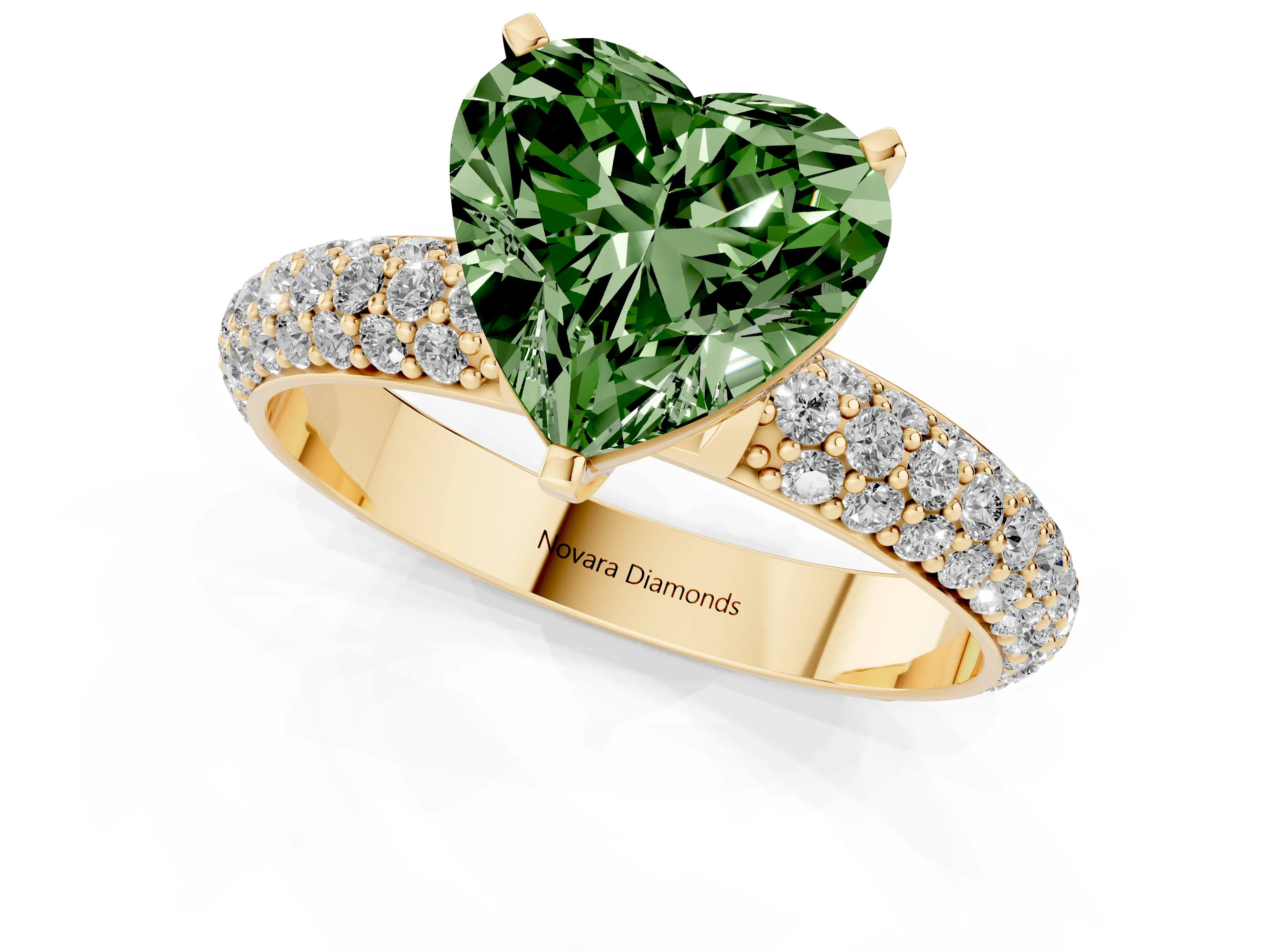 Fancy Green Heart Cut Diamond Solitaire Ring Set in Yellow gold with Prong Setting and Pavé-Set Band