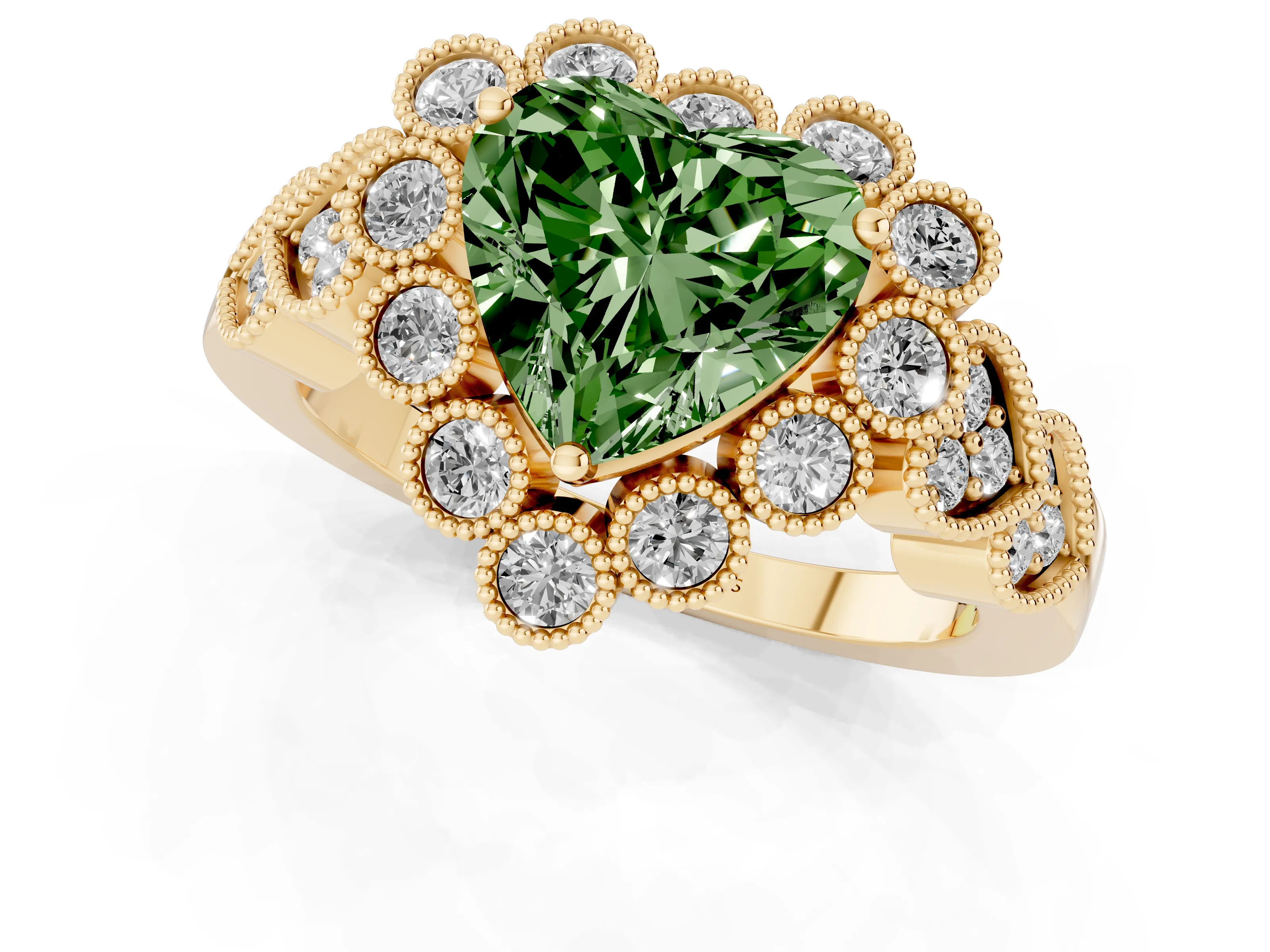 Fancy Green Heart Cut Diamond Solitaire Ring Set in Yellow gold with Milgrain Pavé Heart Band