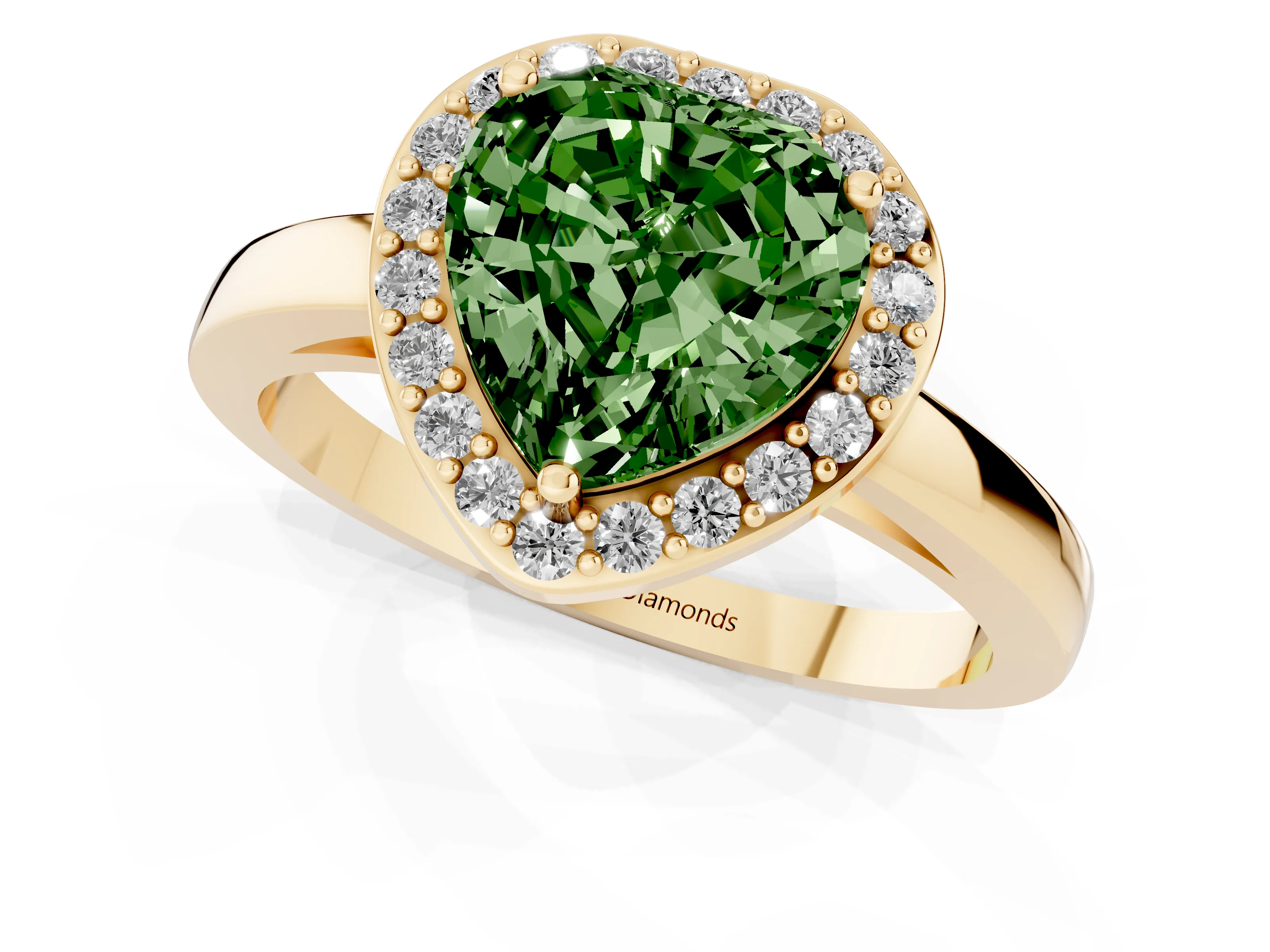 Fancy Green Heart Cut Diamond Halo Ring Set in Yellow gold with Solitaire Band and Prong Setting
