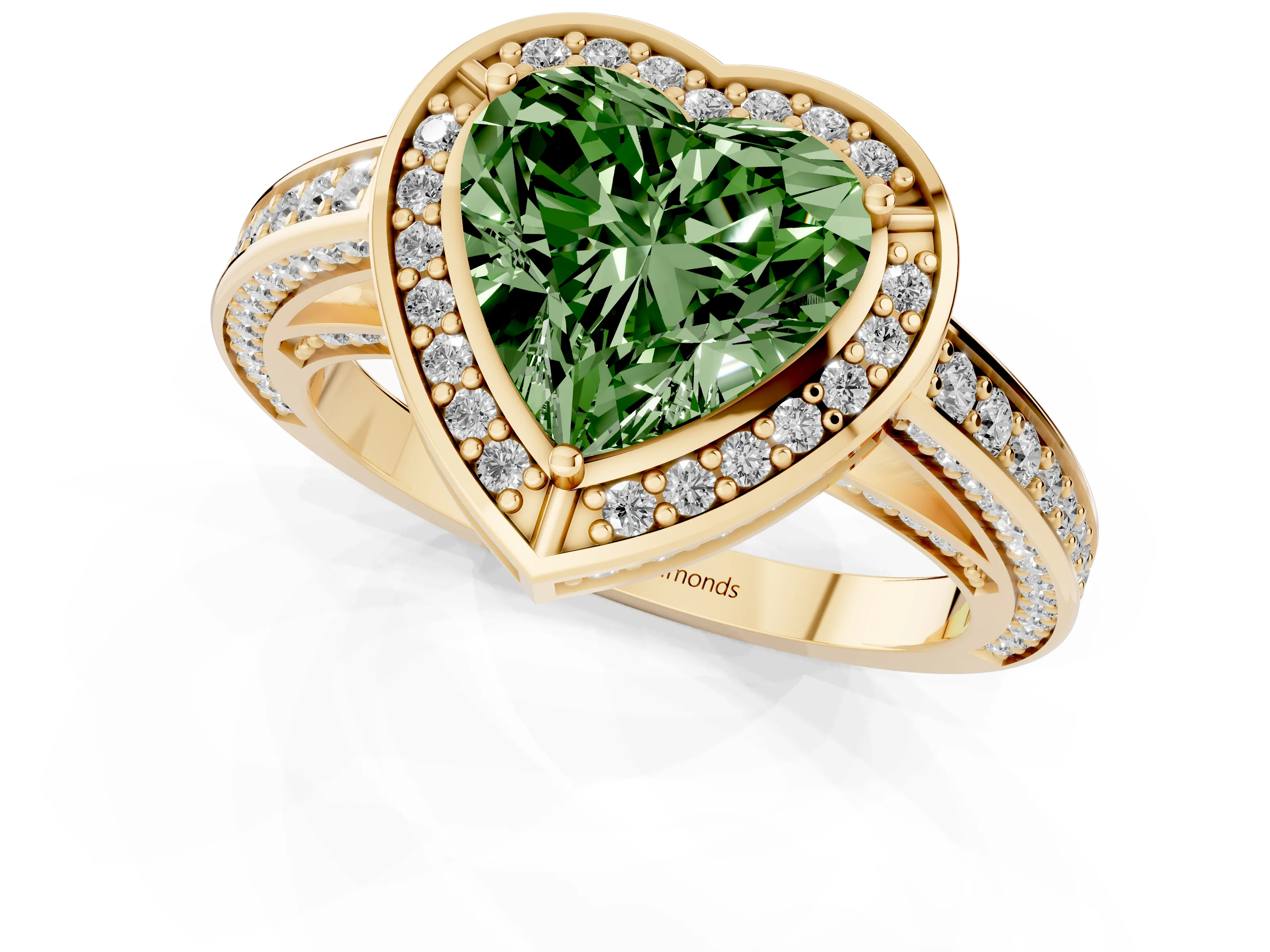 Fancy Green Heart Cut Diamond Halo Pavé Split Shank Ring Set in Yellow gold with Prong Setting