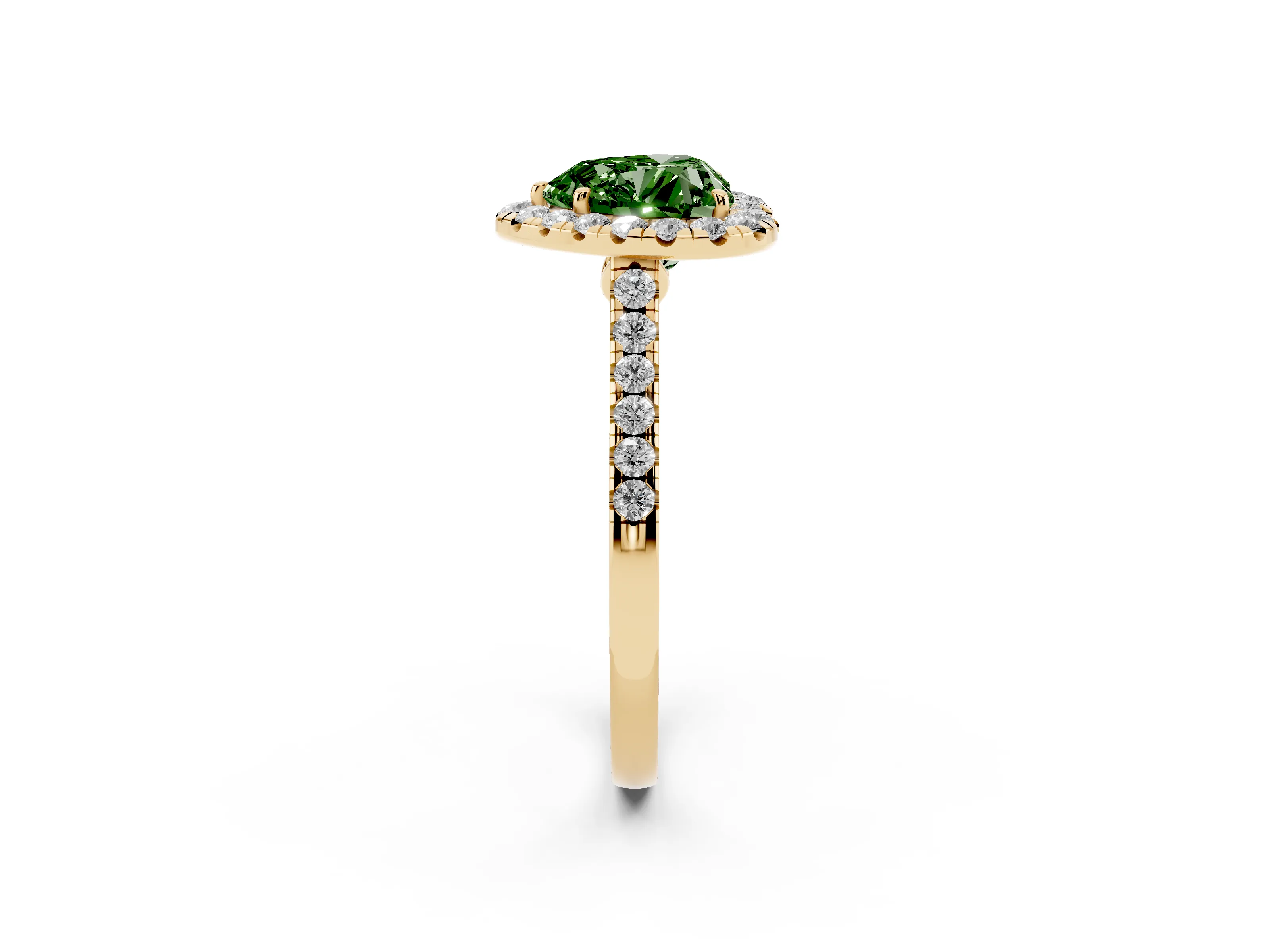 Fancy Green Heart Cut Diamond Halo Pavé Engagement Ring Set in Yellow gold with Prong Setting