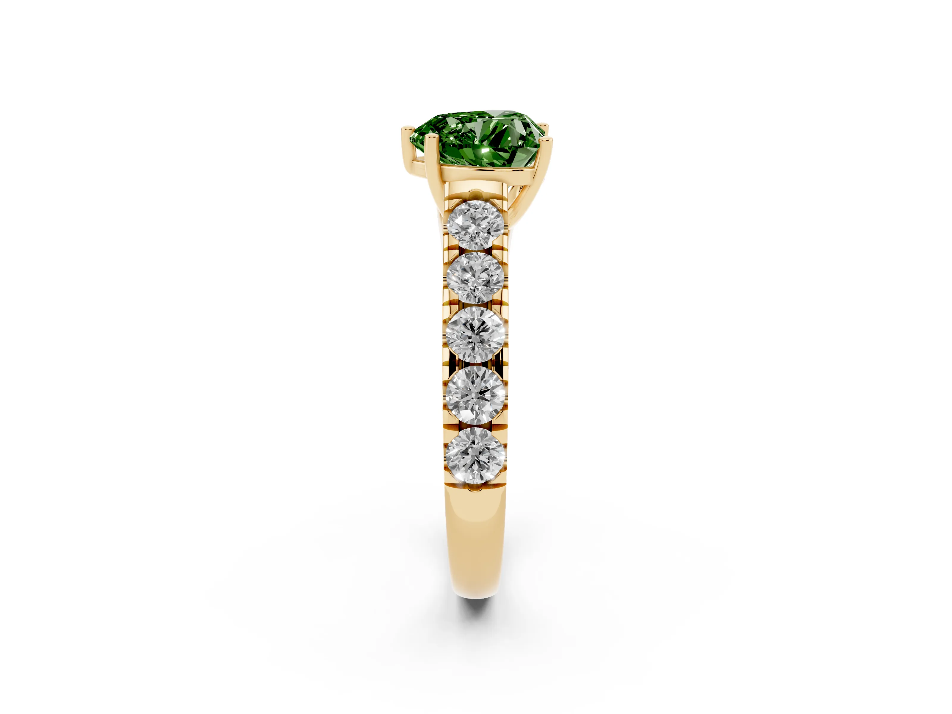 Fancy Green Heart Cut Diamond Solitaire Ring Set in Yellow gold with Cut-Down Micro Pavé Band and Prong Setting