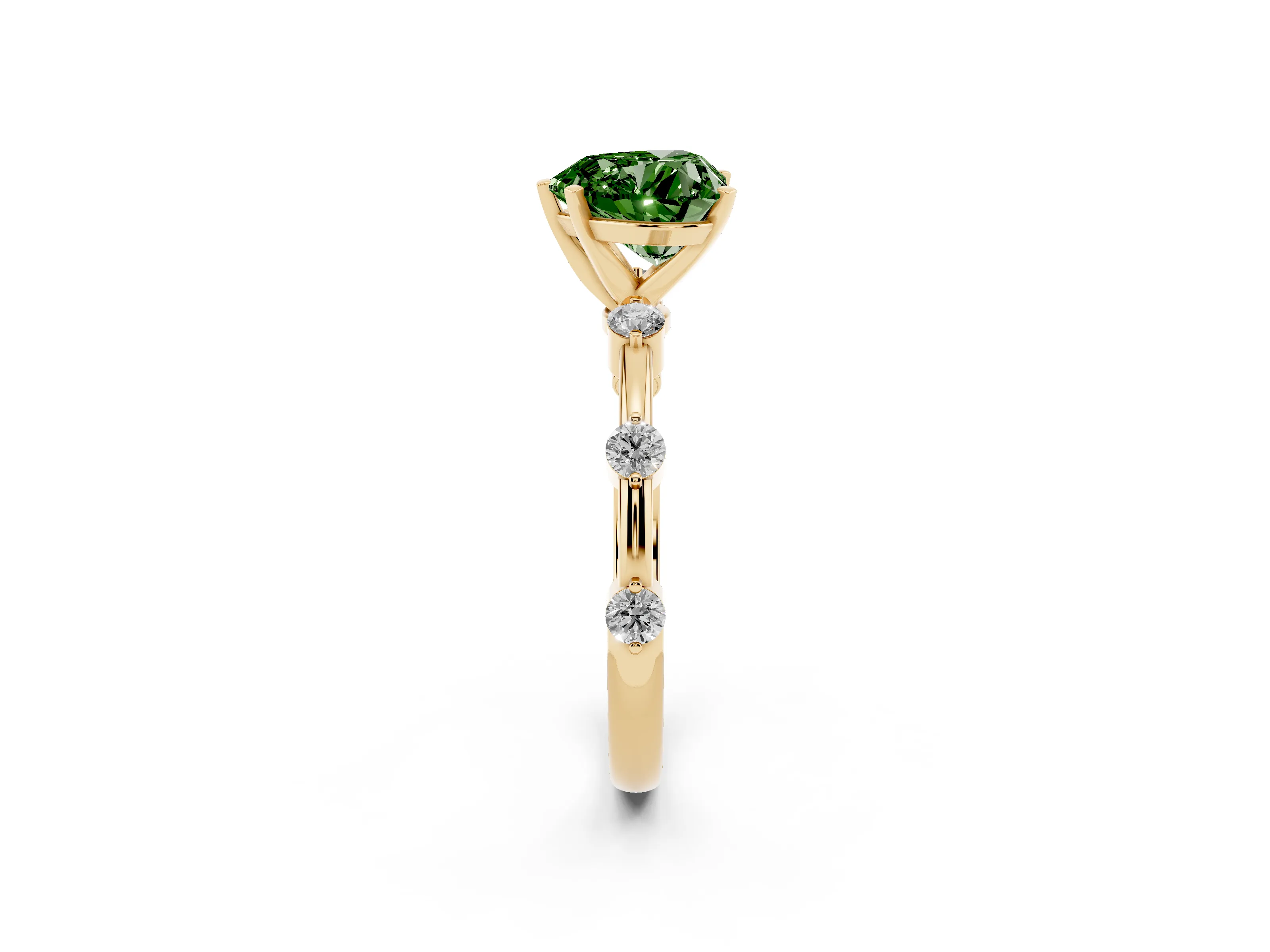 Fancy Green Heart Cut Diamond Solitaire Ring Set in Yellow gold with Bezel Set Side Stones and Prong Setting