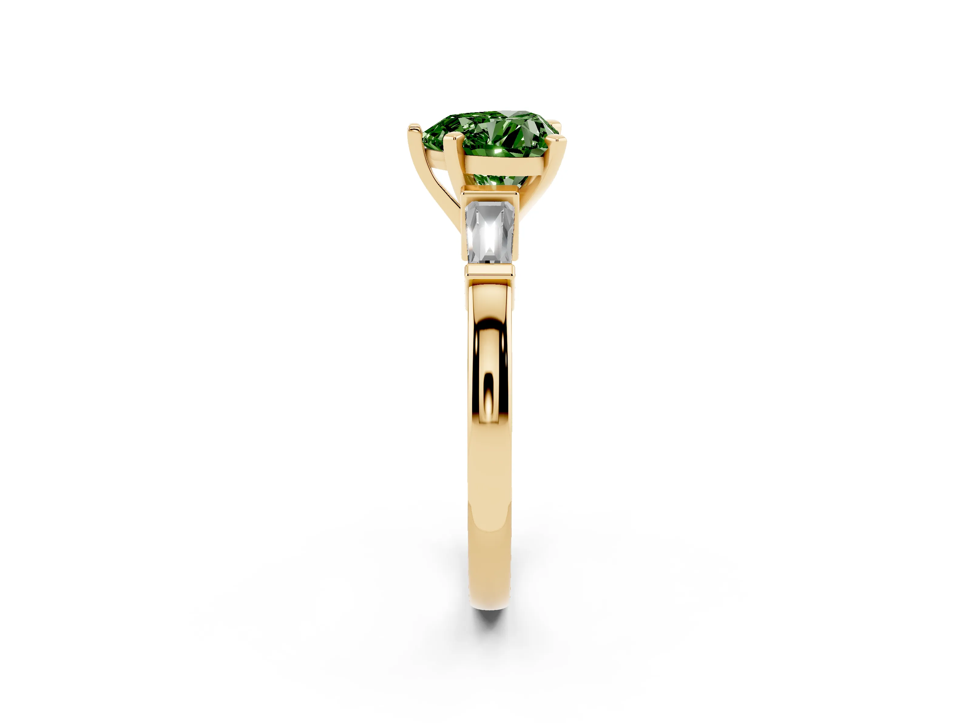 Fancy Green Heart Cut Diamond Solitaire Ring Set in Yellow gold with Tapered Baguette Accents and Prong Setting