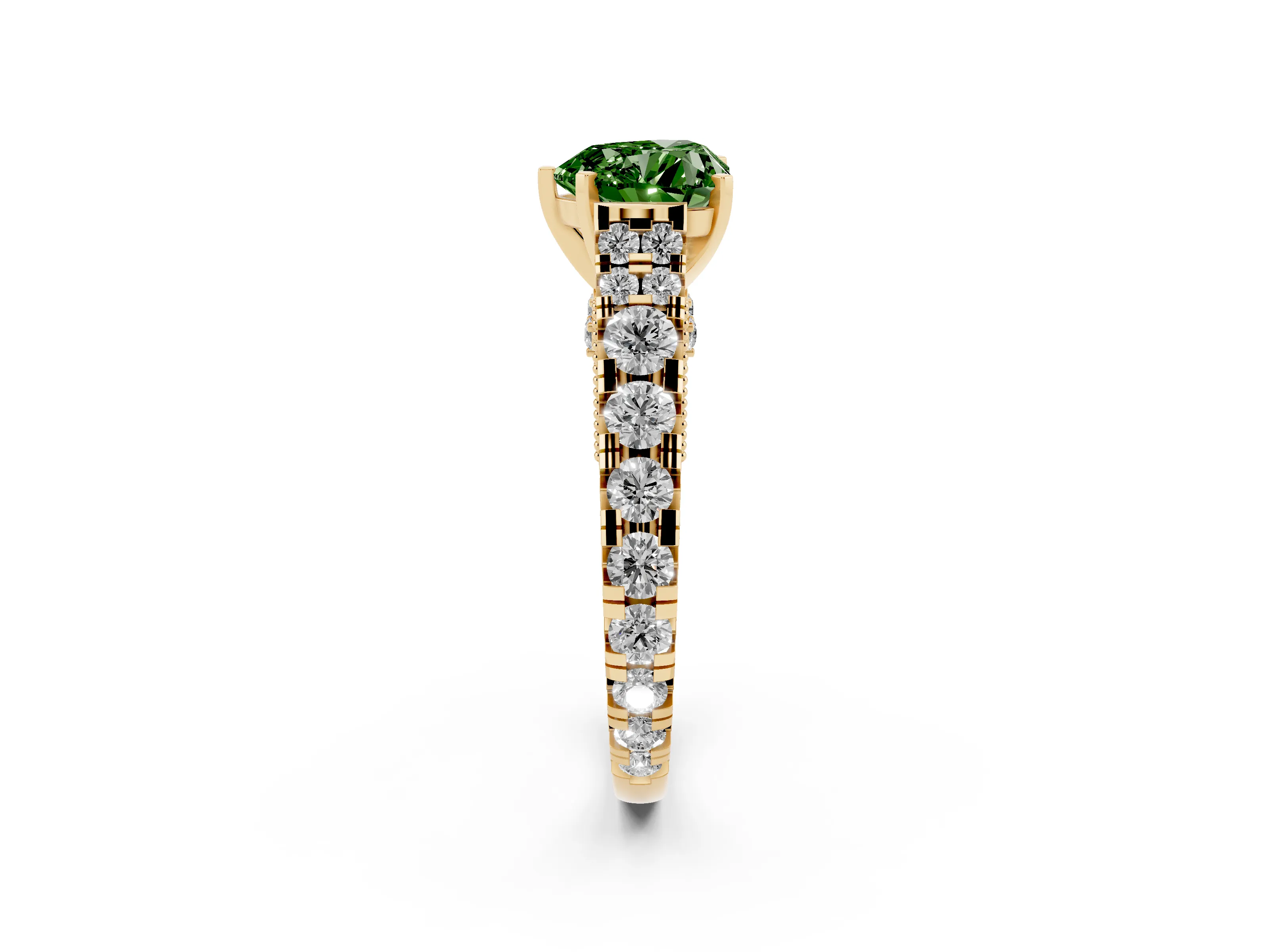 Fancy Green Heart Cut Diamond Classic Solitaire Ring Set in Yellow gold with Pavé Band and Prong Setting