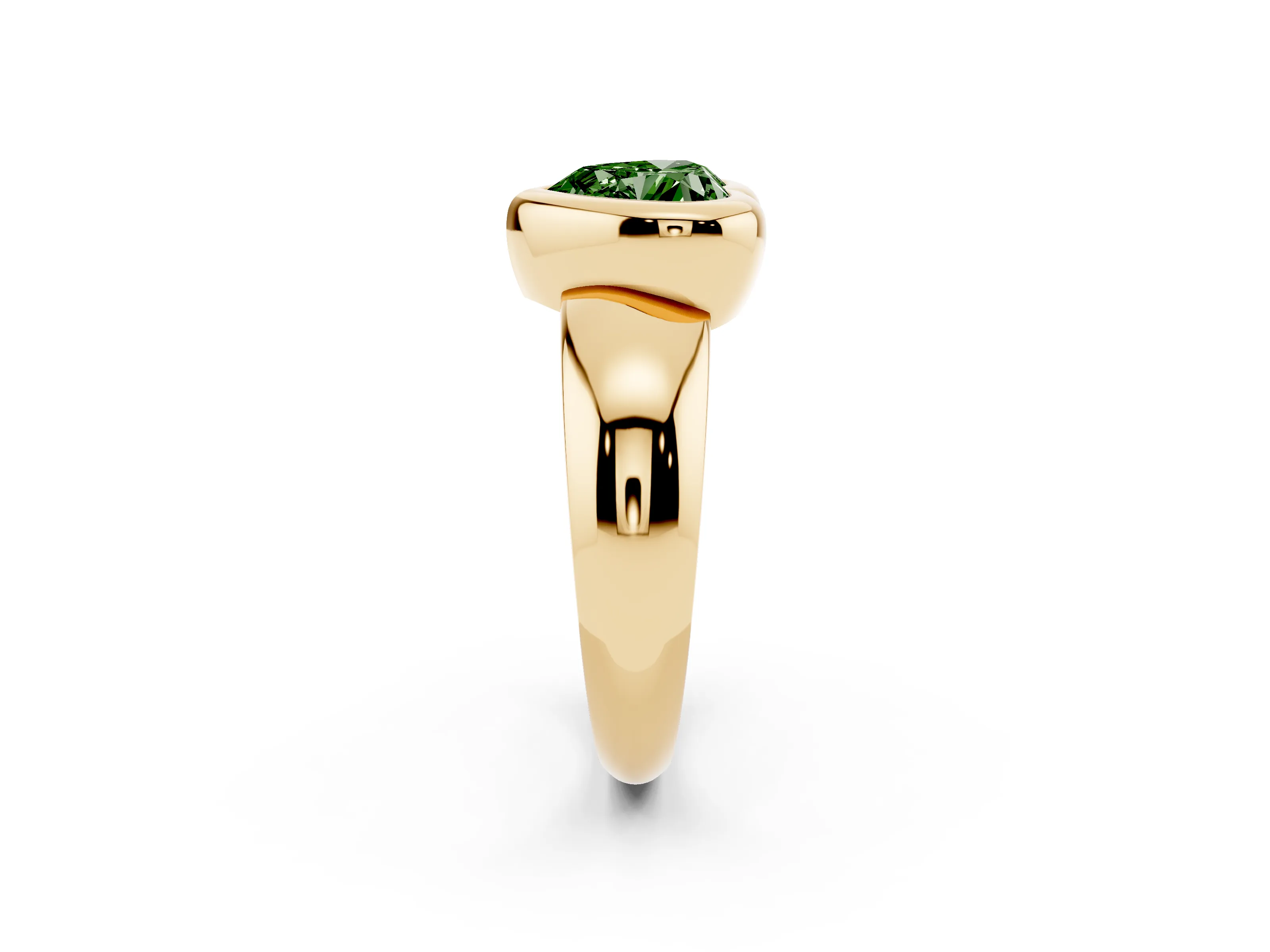 Fancy Green Bezel Set Heart Cut Diamond Solitaire Ring Set in Yellow gold with Wide Band