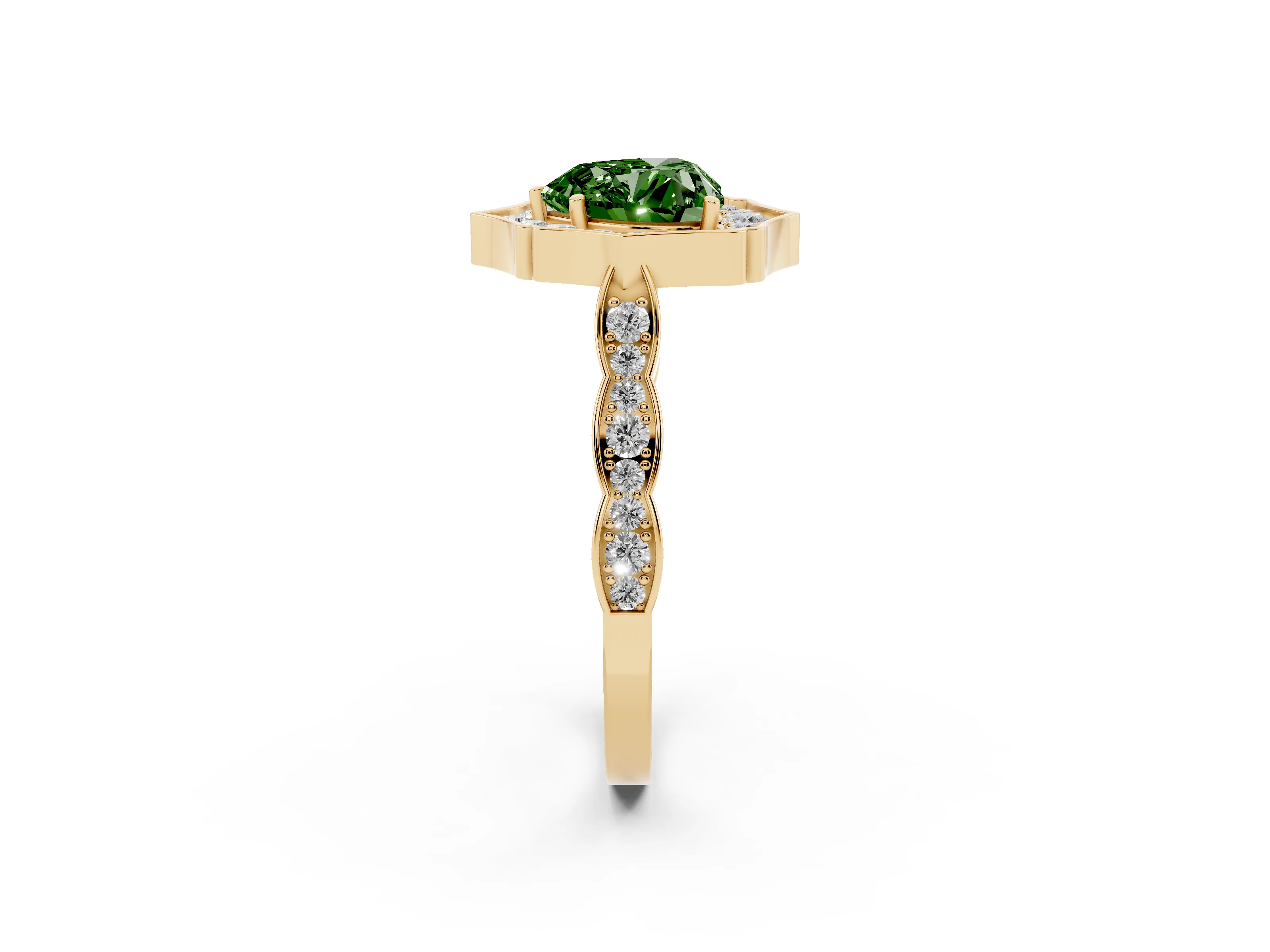 Fancy Green Heart Cut Diamond Halo Engagement Ring Set in Yellow gold with Milgrain Band and Prong Setting