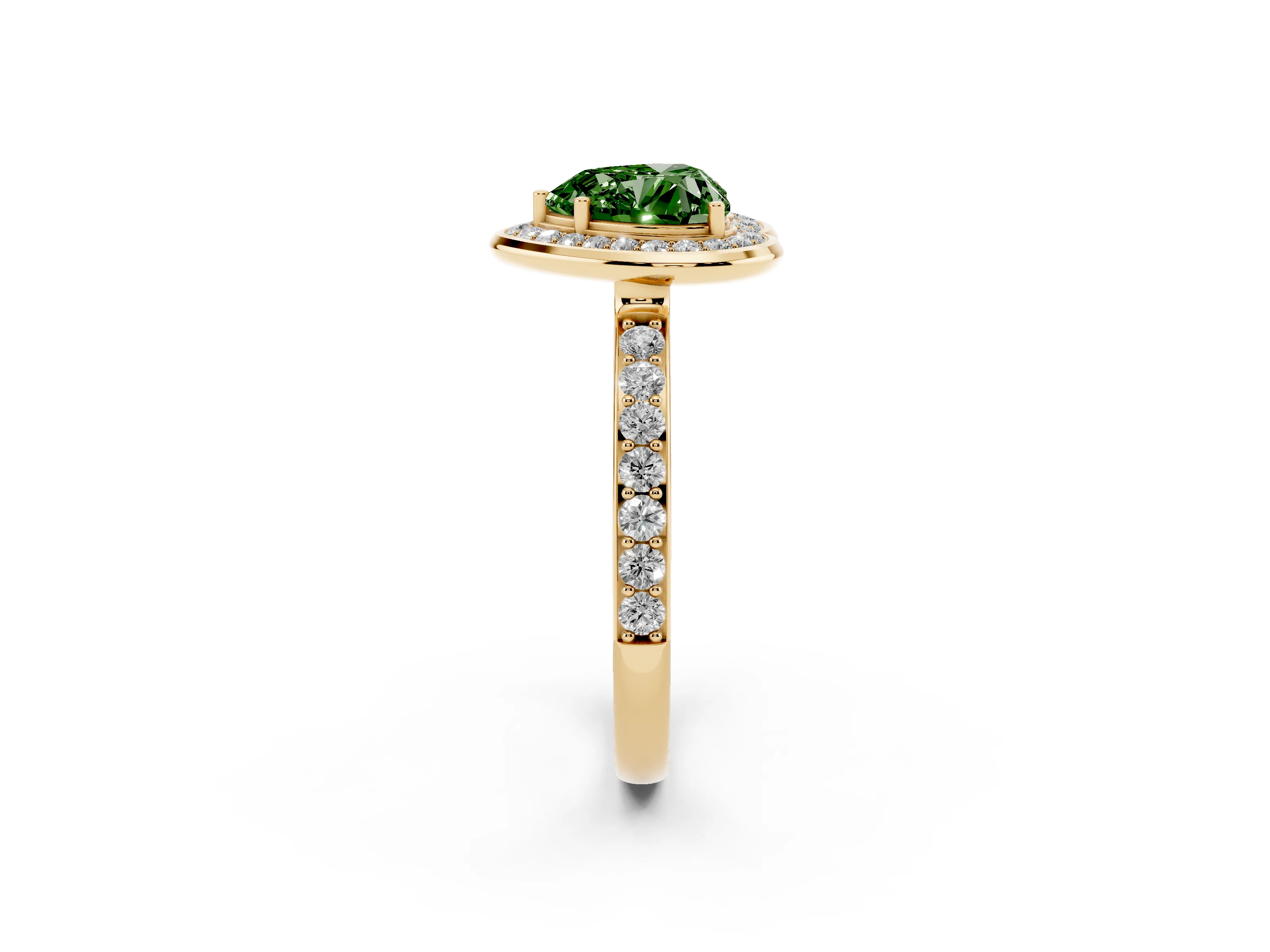 Fancy Green Heart Cut Diamond Halo Ring Set in Yellow gold with Bezel Frame and Pavé Band