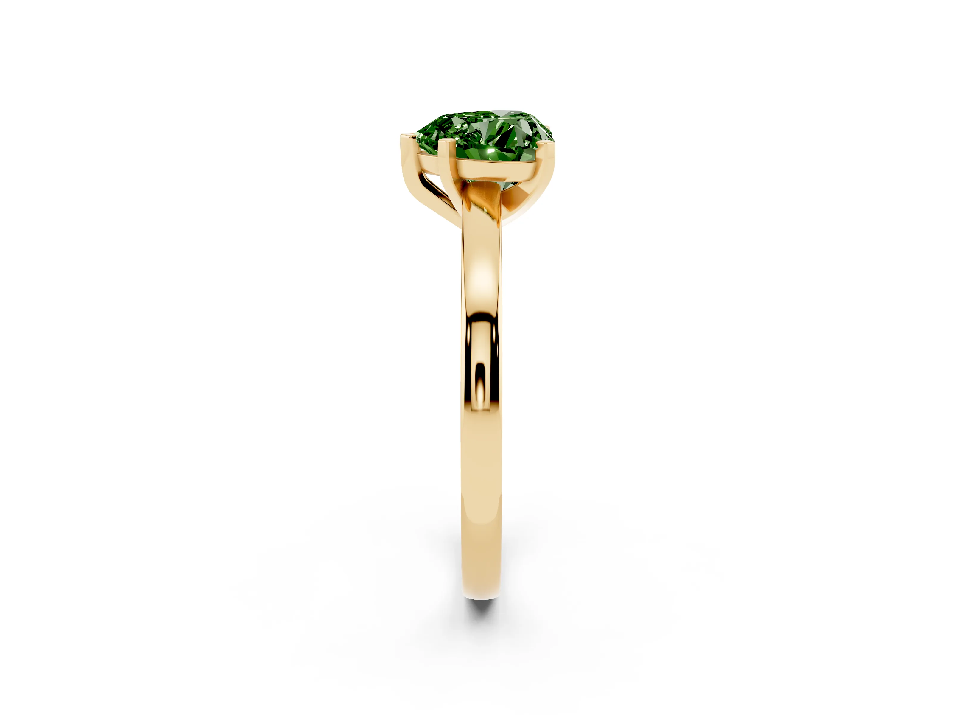 Fancy Green Heart Cut Diamond Solitaire Engagement Ring Set in Yellow gold with Prong Setting on a Classic Band