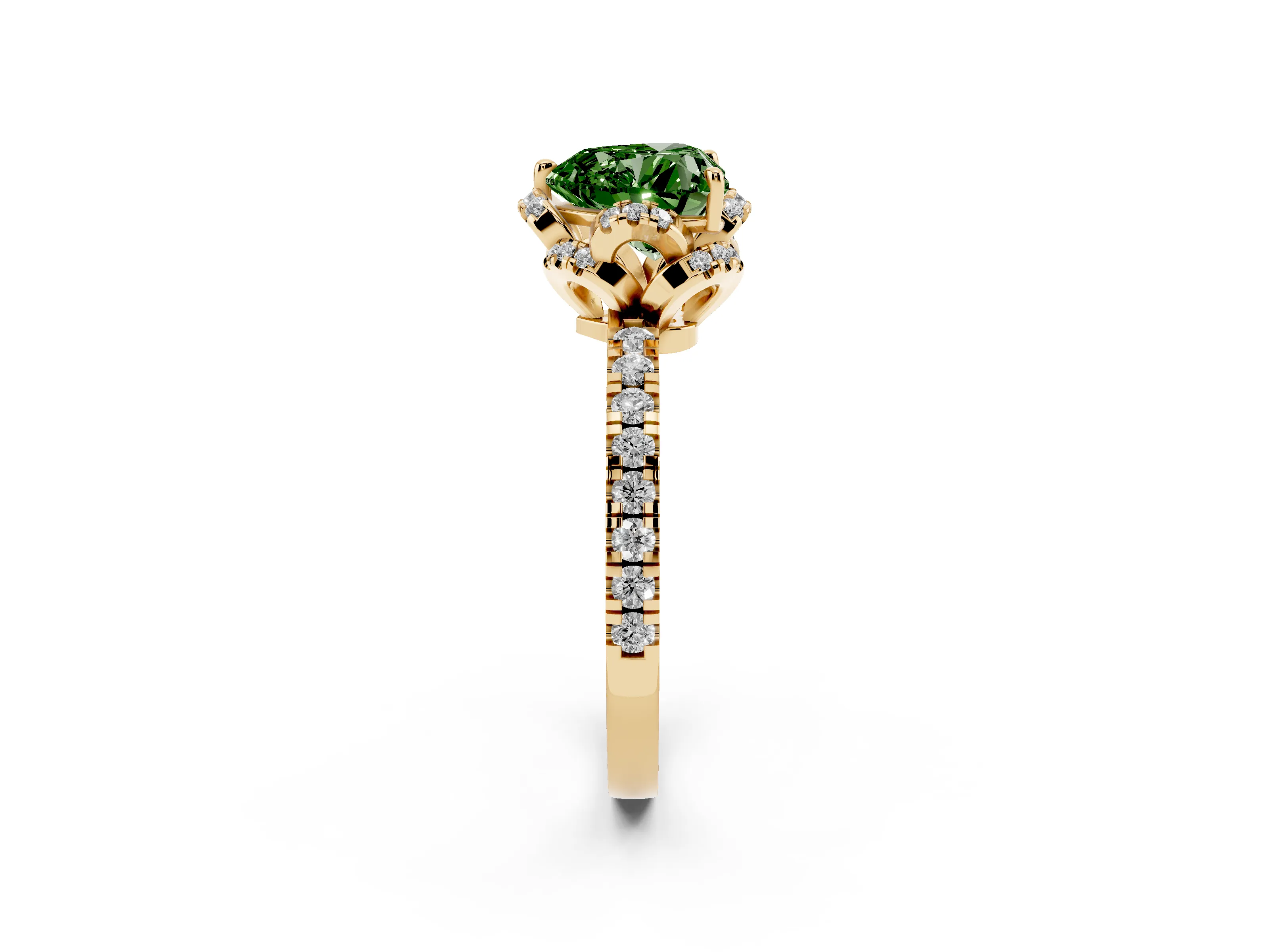 Fancy Green Heart Cut Diamond Halo Pavé Band Ring Set in Yellow gold with Prong-Held Center