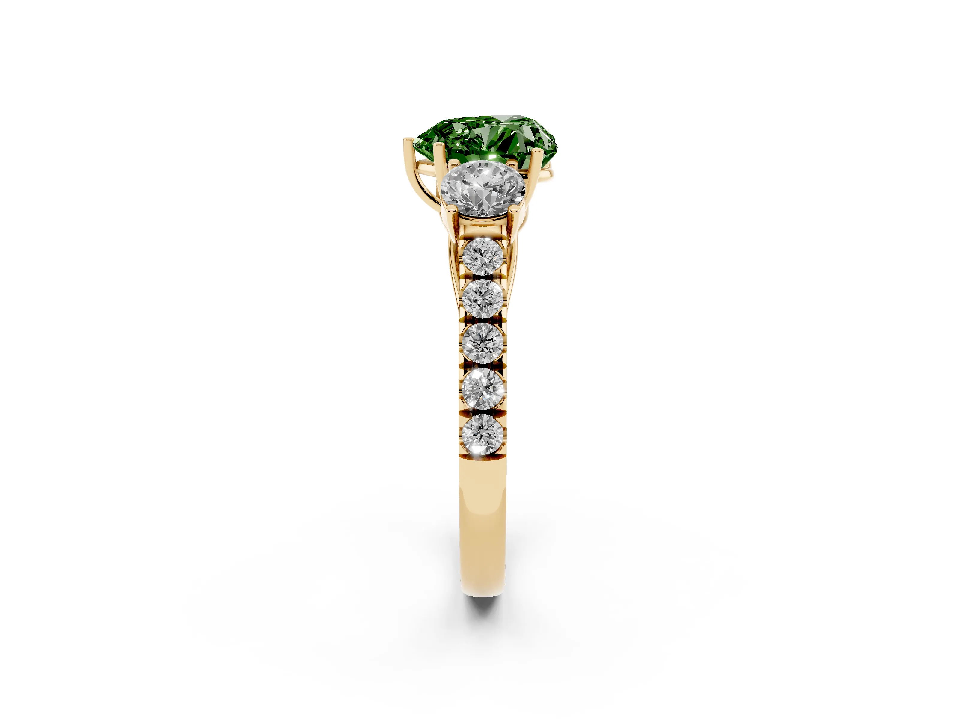 Fancy Green Heart Cut Diamond Three-Stone Ring Set in Yellow gold with Round Side Stones and Delicate Pavé Band