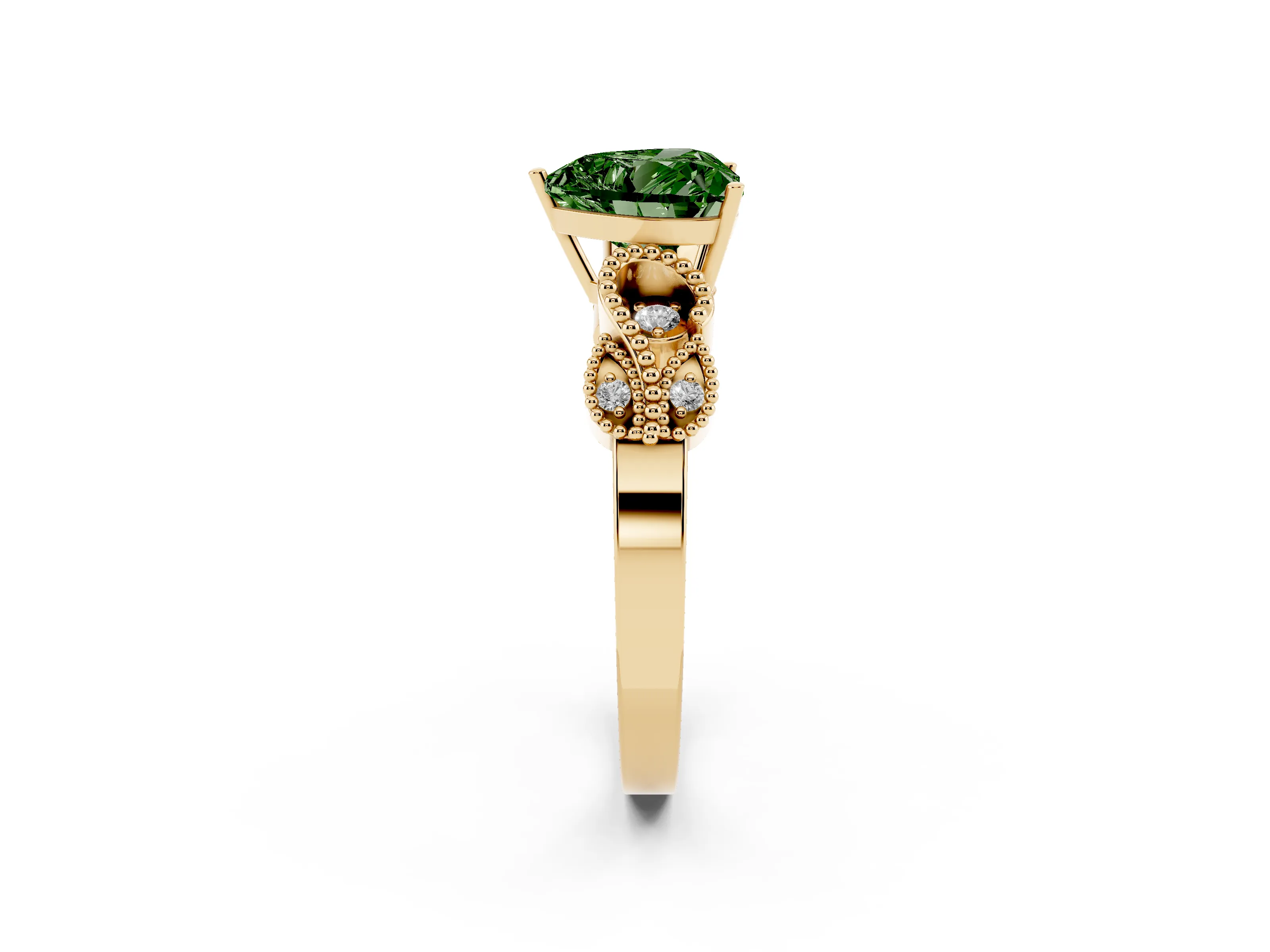 Fancy Green Heart Cut Diamond Milgrain Leaf Band Solitaire Ring Set in Yellow gold with Accent Stones and Prong Setting
