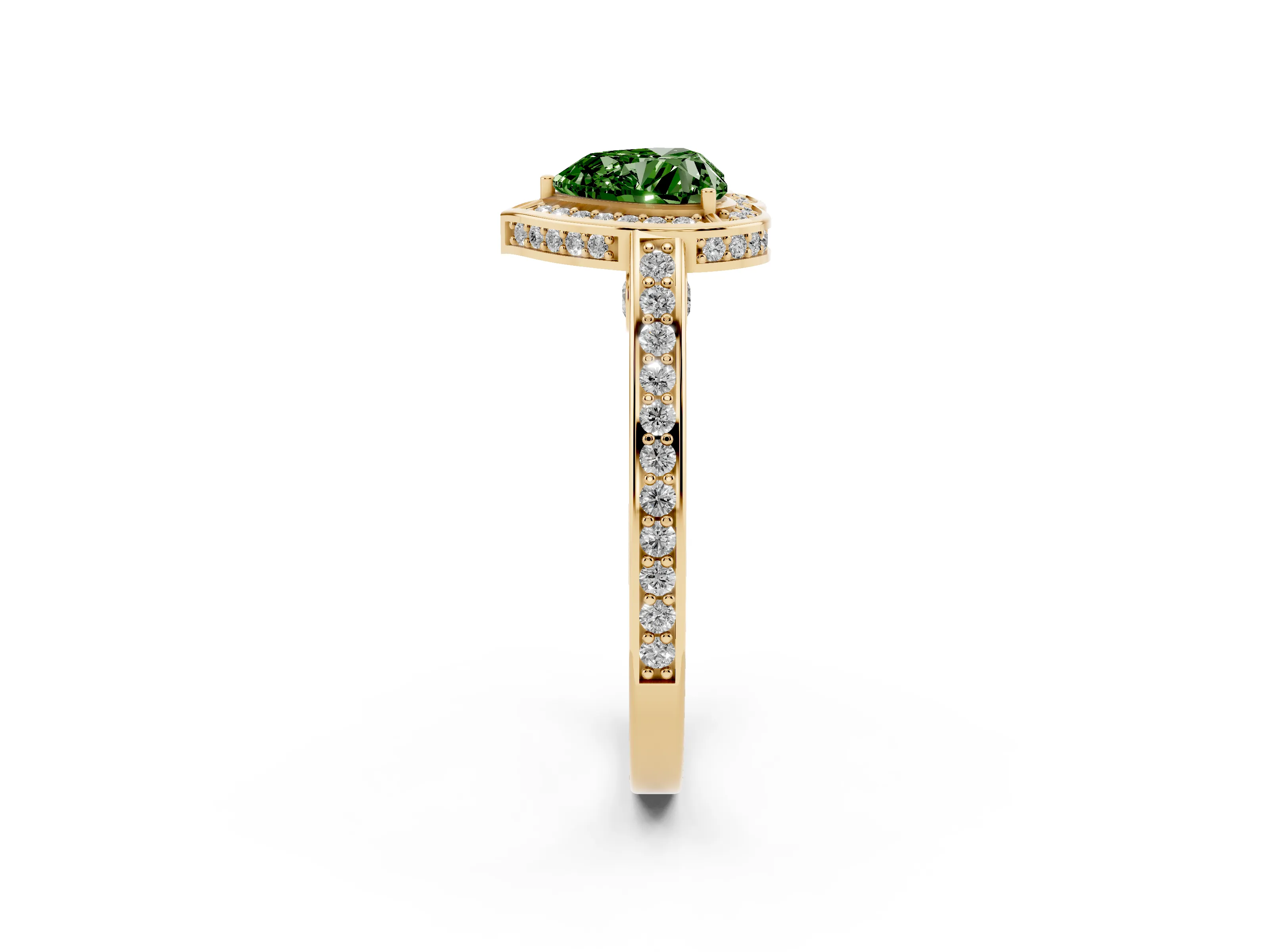 Fancy Green Heart Cut Diamond Halo Pavé Split Shank Ring Set in Yellow gold with Prong Setting