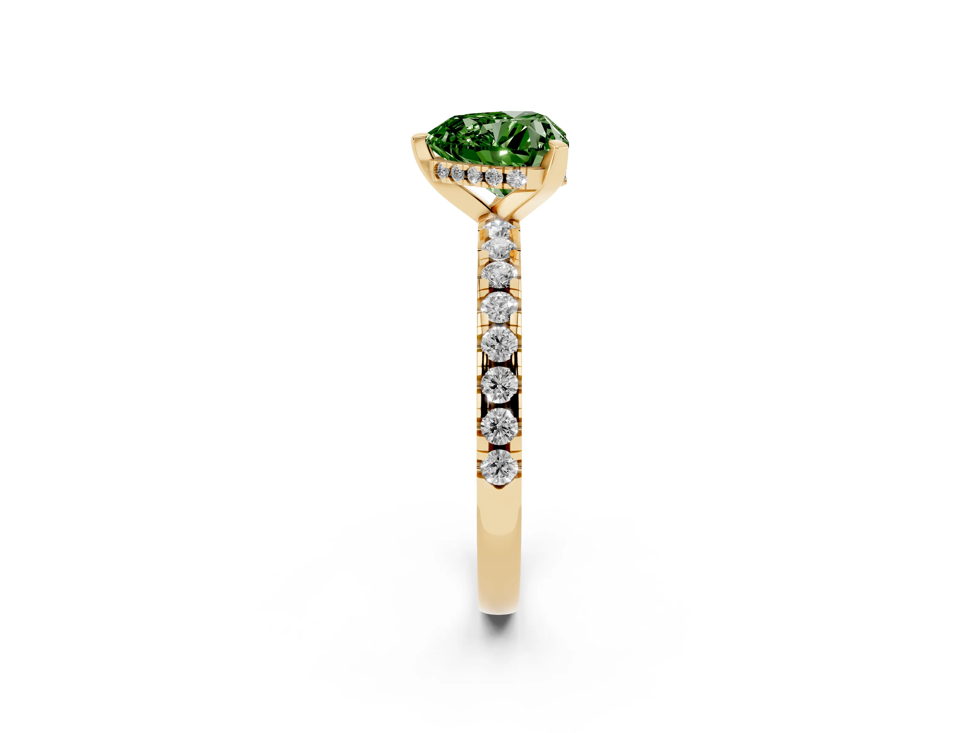 Fancy Green Heart Cut Diamond Pavé Solitaire Ring Set in Yellow gold with Round Band Accents and Prong Setting