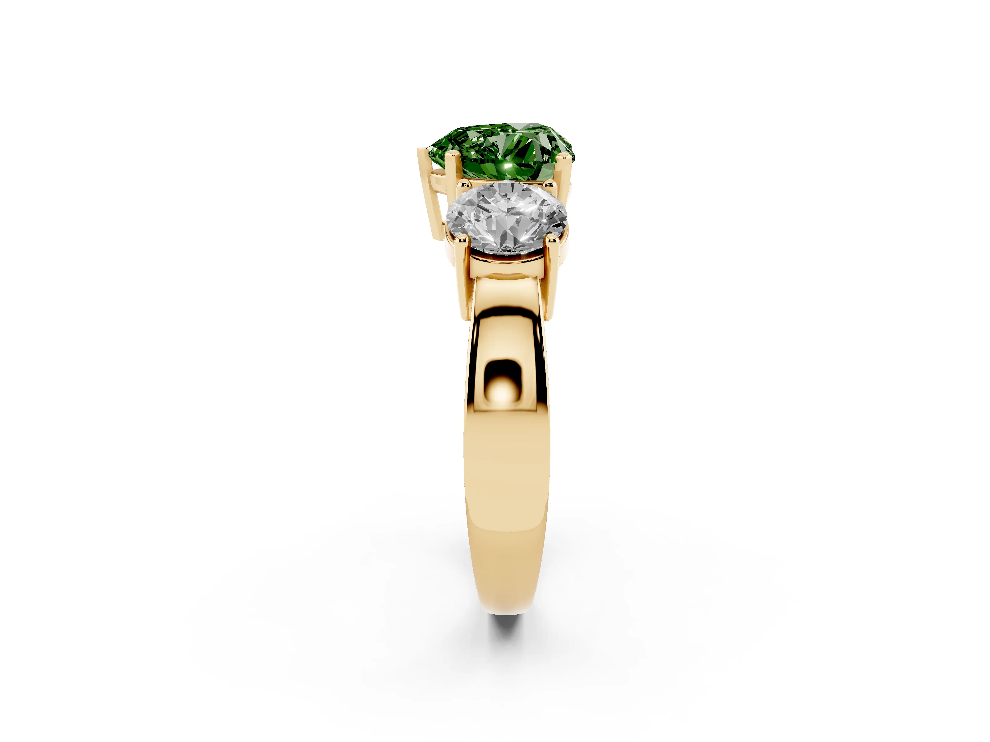 Fancy Green Heart Cut Diamond Three-Stone Ring Set in Yellow gold with Round Side Stones and Classic Band
