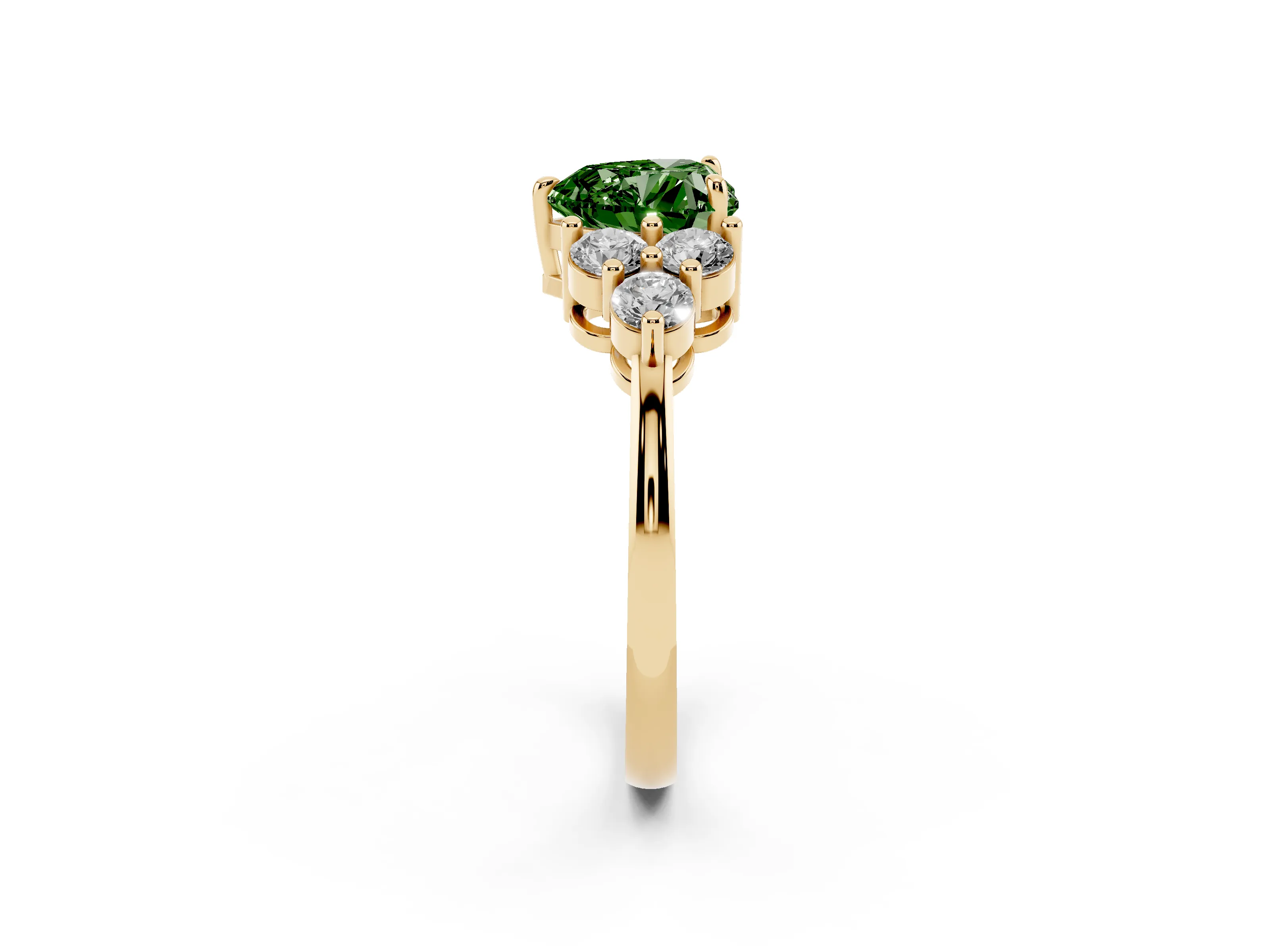Fancy Green Heart Cut Diamond Solitaire Ring Set in Yellow gold with Cluster Accents on Each Side