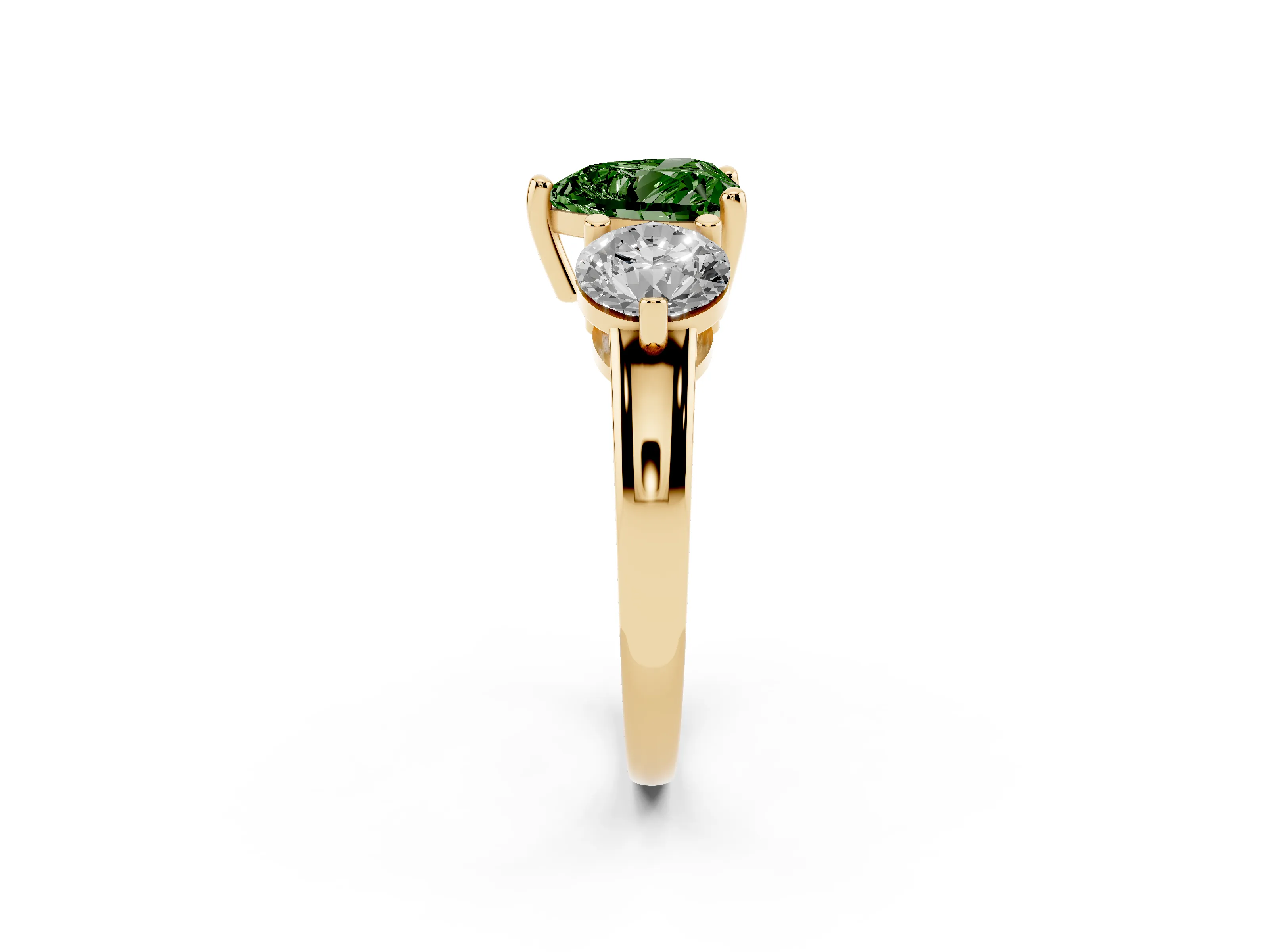 Fancy Green Heart Cut Diamond Three-Stone Ring Set in Yellow gold with Prong Setting and Classic Band