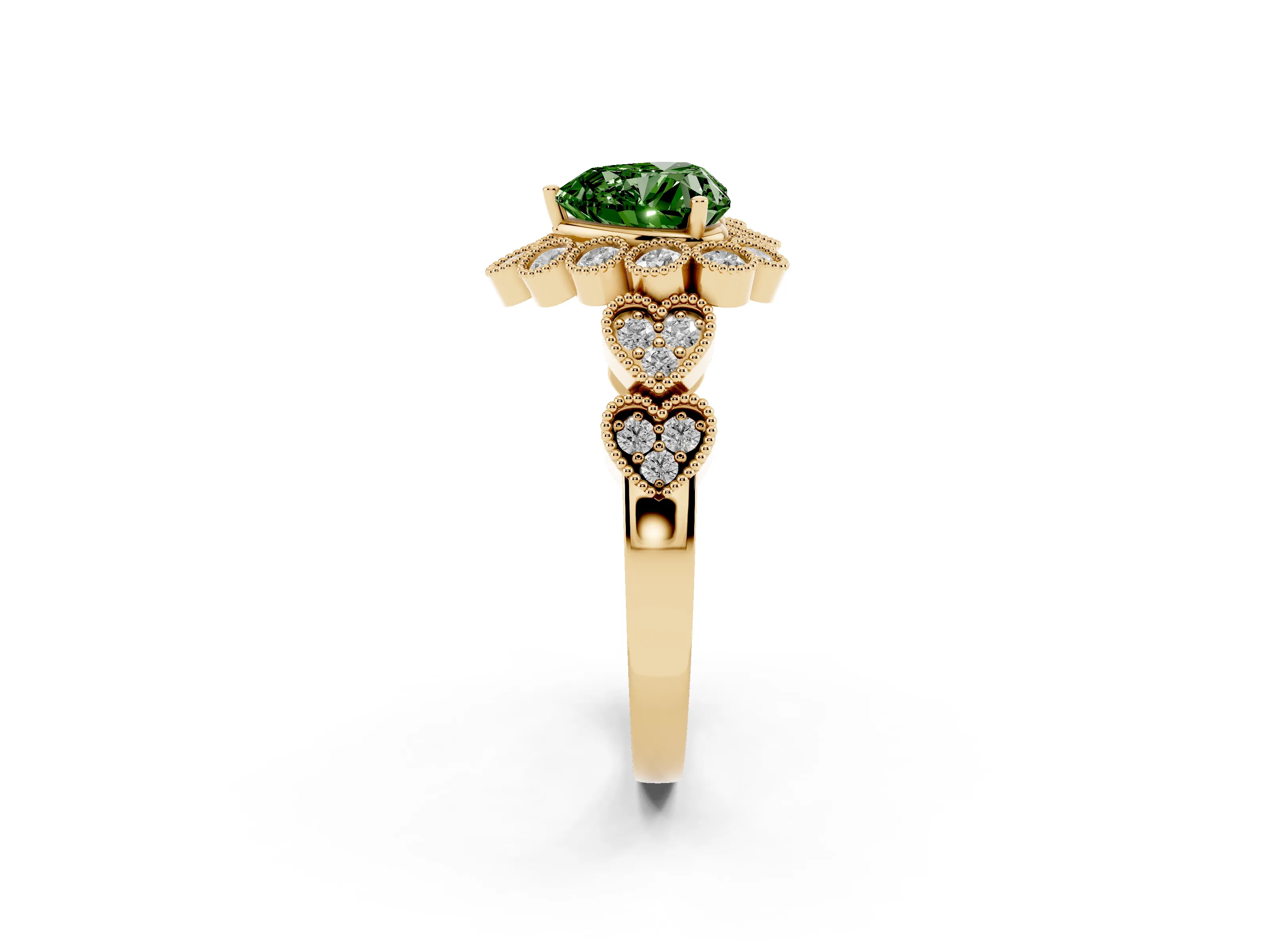 Fancy Green Heart Cut Diamond Solitaire Ring Set in Yellow gold with Milgrain Pavé Heart Band