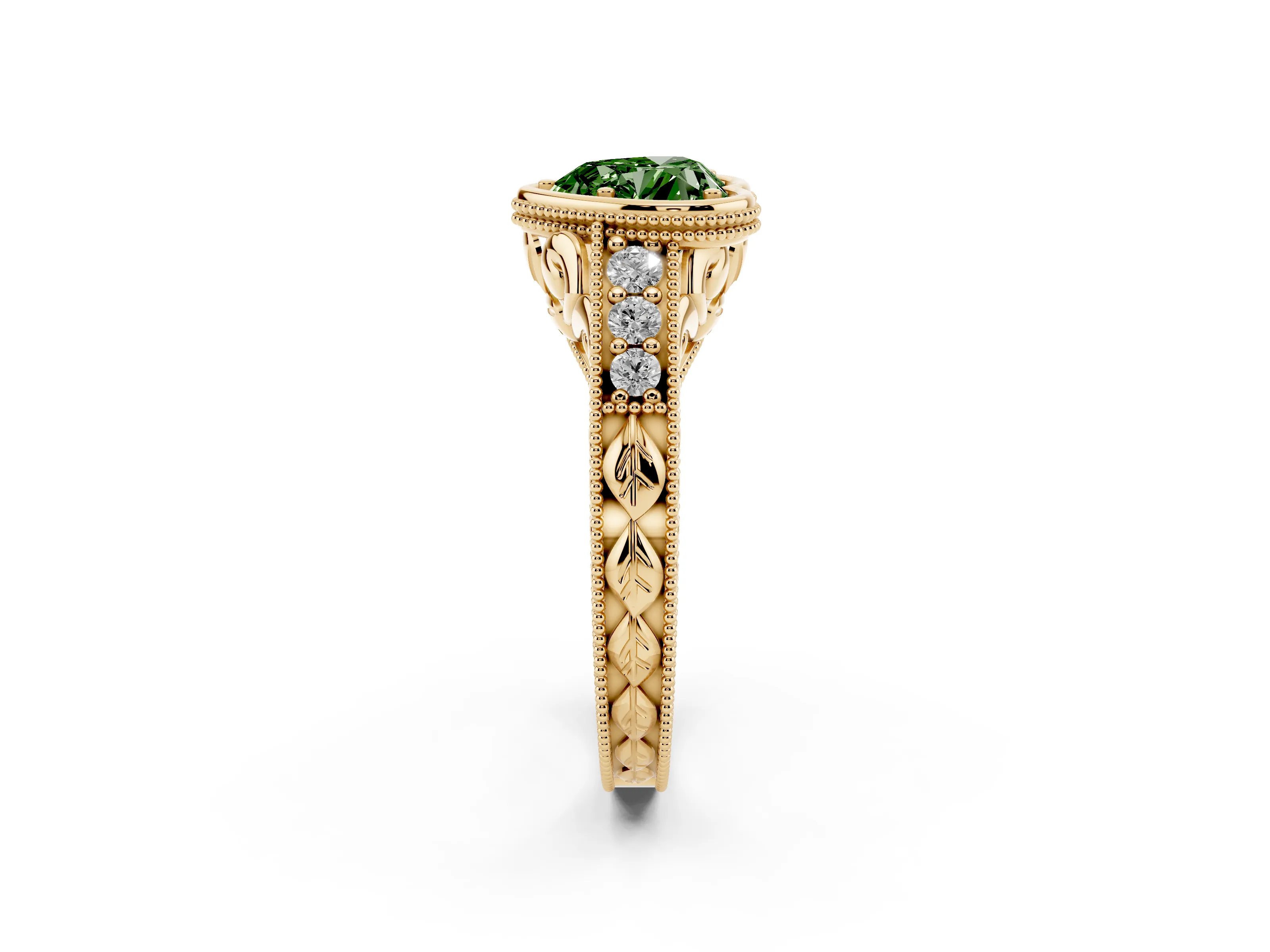 Fancy Green Bezel Set Heart Cut Diamond Milgrain Pavé Engagement Ring Set in Yellow gold