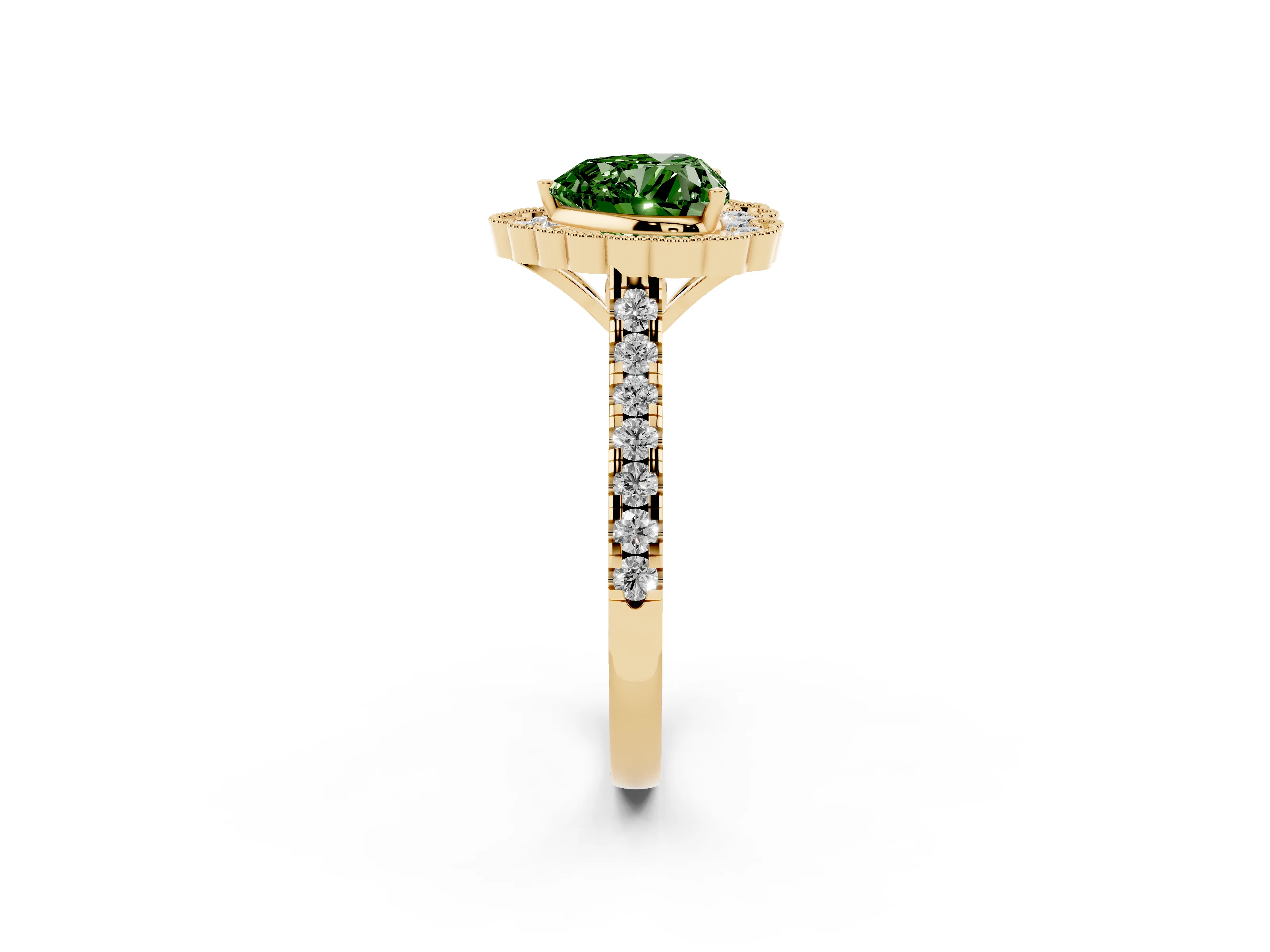 Fancy Green Heart Cut Diamond Milgrain Floral Halo Engagement Ring Set in Yellow gold with Pavé Band