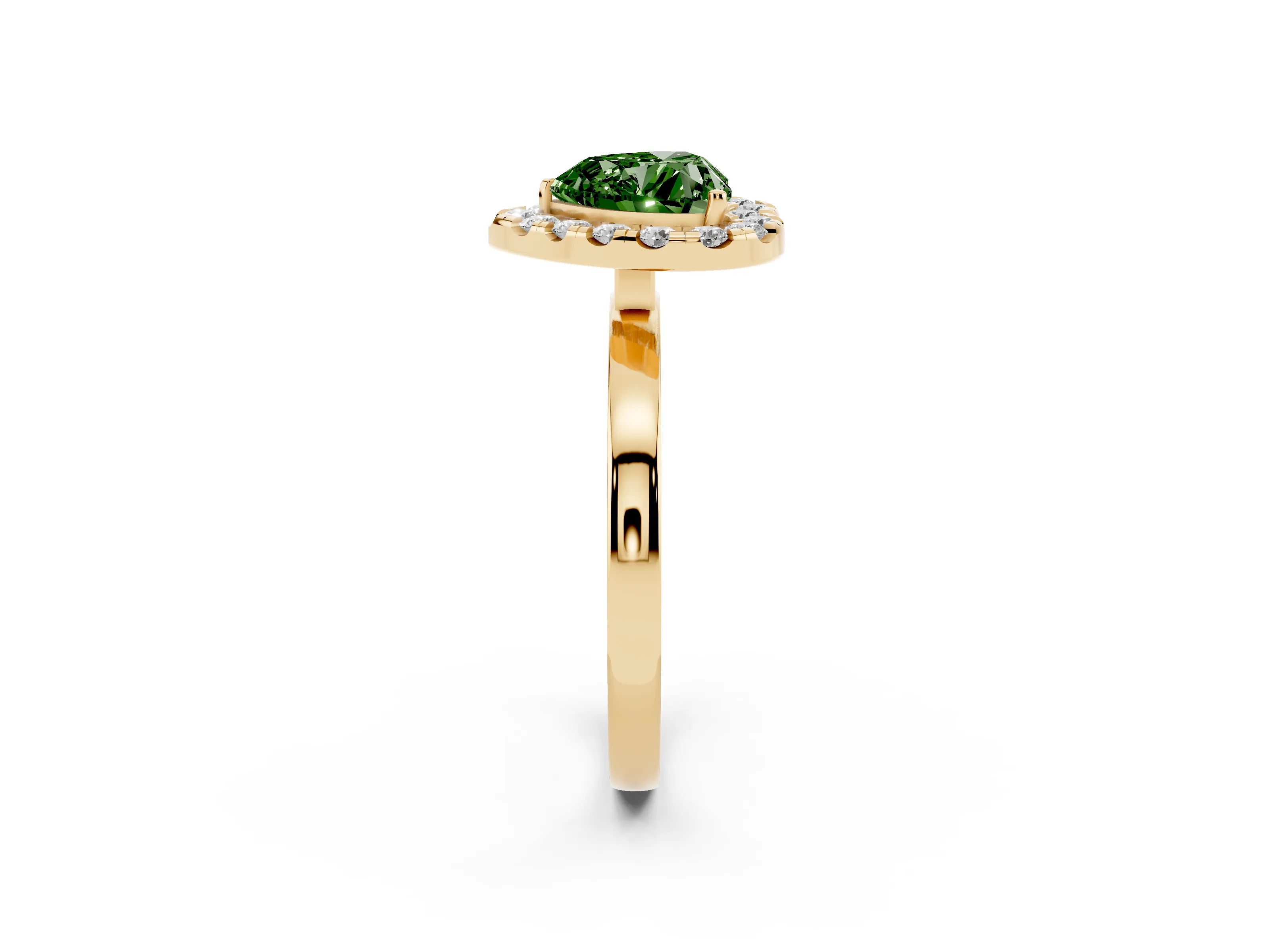 Fancy Green Heart Cut Diamond Halo Solitaire Ring Set in Yellow gold with Pavé Band and Prong Setting