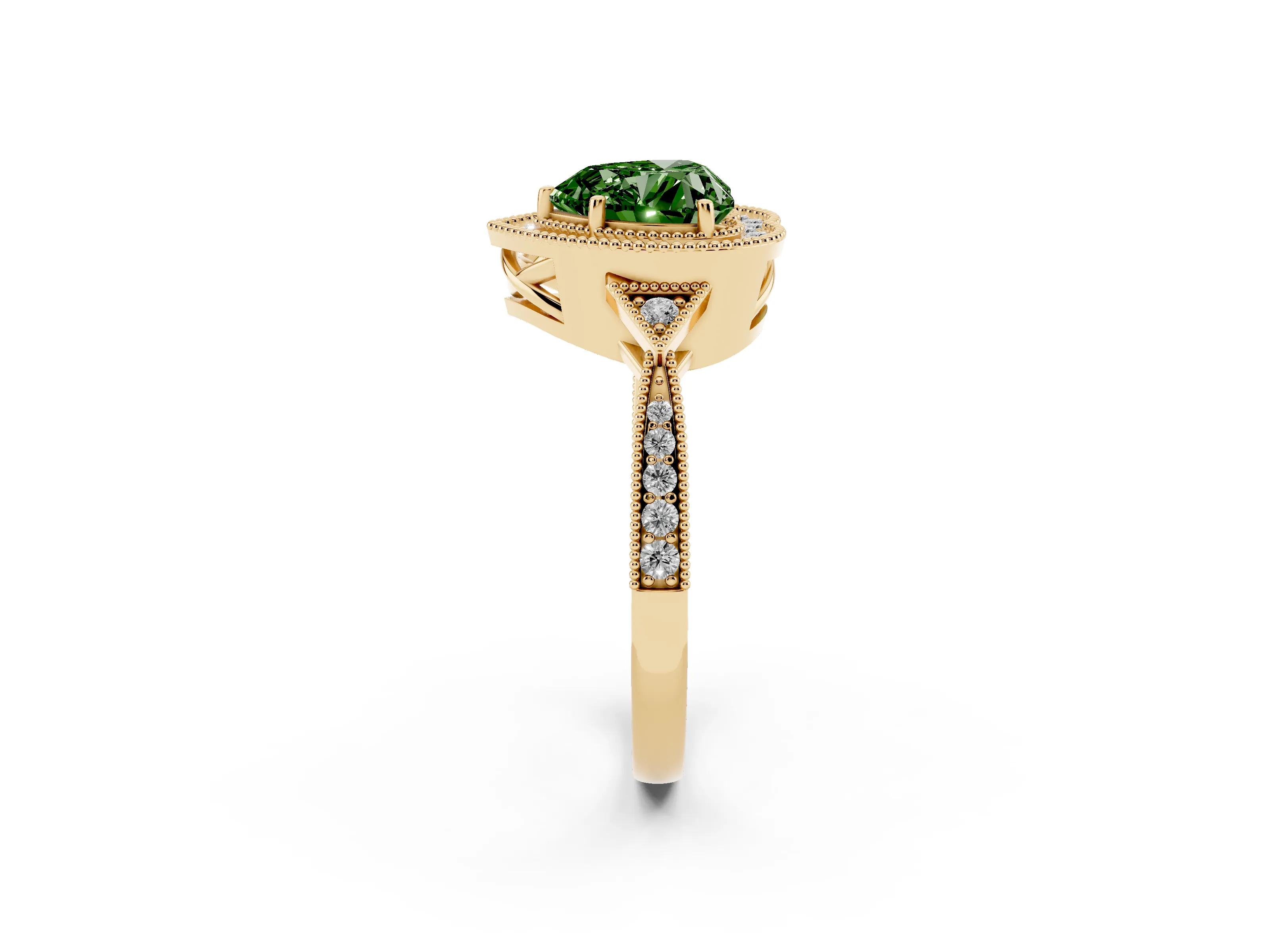 Fancy Green Heart Cut Diamond Halo Engagement Ring Set in Yellow gold with Milgrain Pavé Band