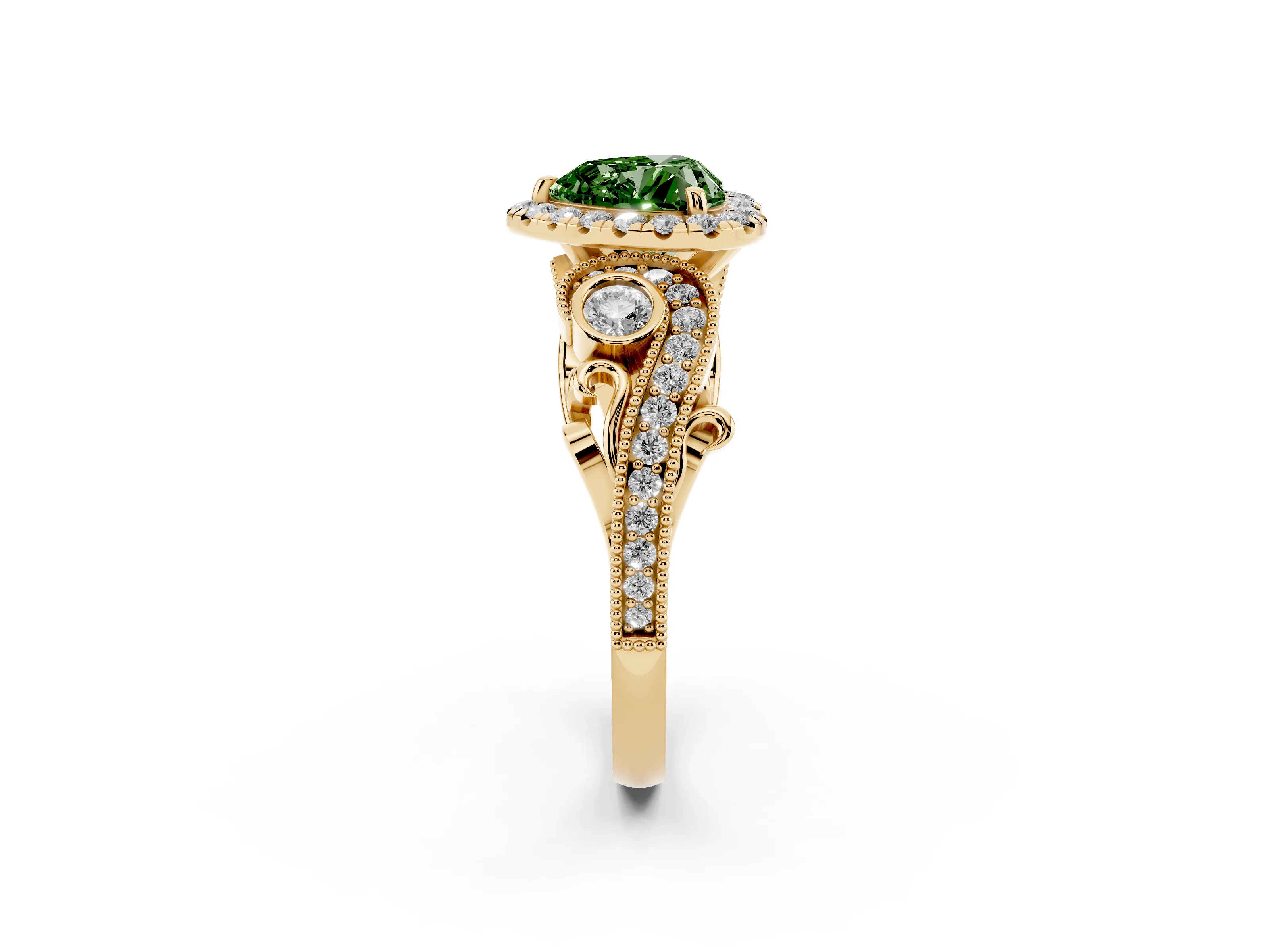 Fancy Green Heart Cut Diamond Halo Ring Set in Yellow gold with Milgrain Pavé Band and Prong Setting