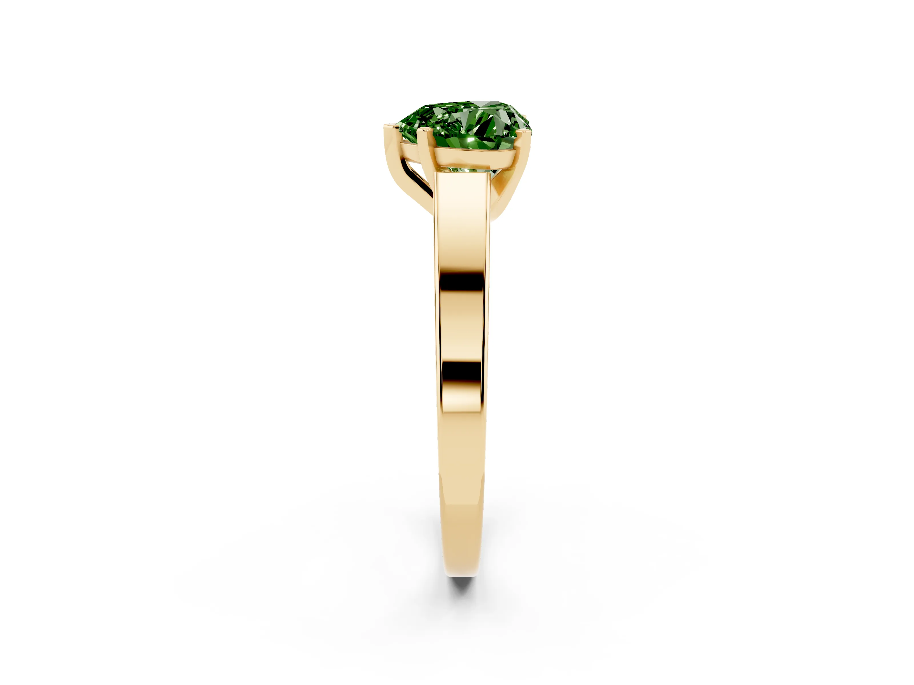 Fancy Green Heart Cut Diamond Solitaire Engagement Ring Set in Yellow gold with Prong Setting and Tapered Band