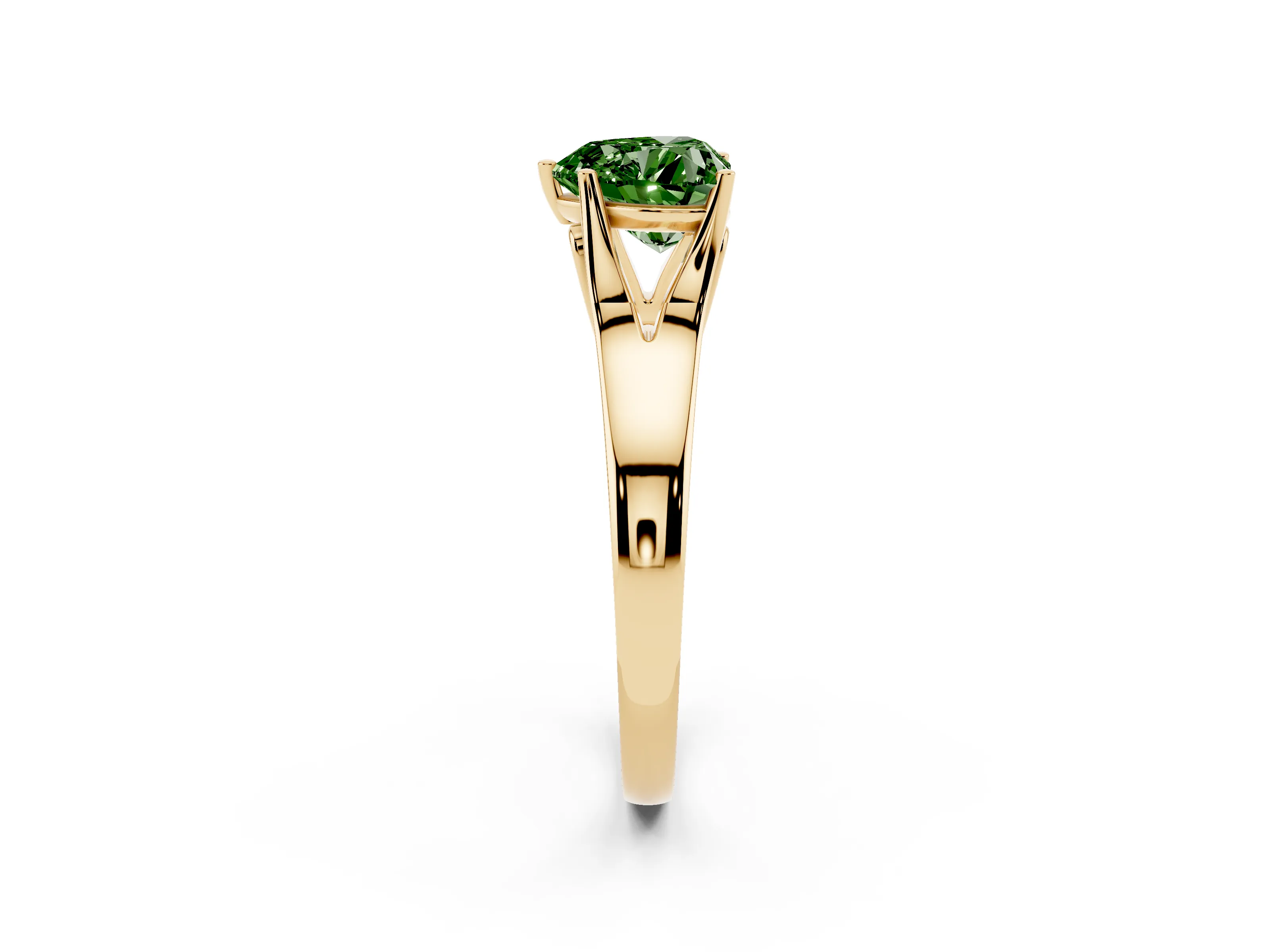 Fancy Green Heart Cut Diamond Solitaire Ring Set in Yellow gold with Arched Cathedral Band and Prong Setting