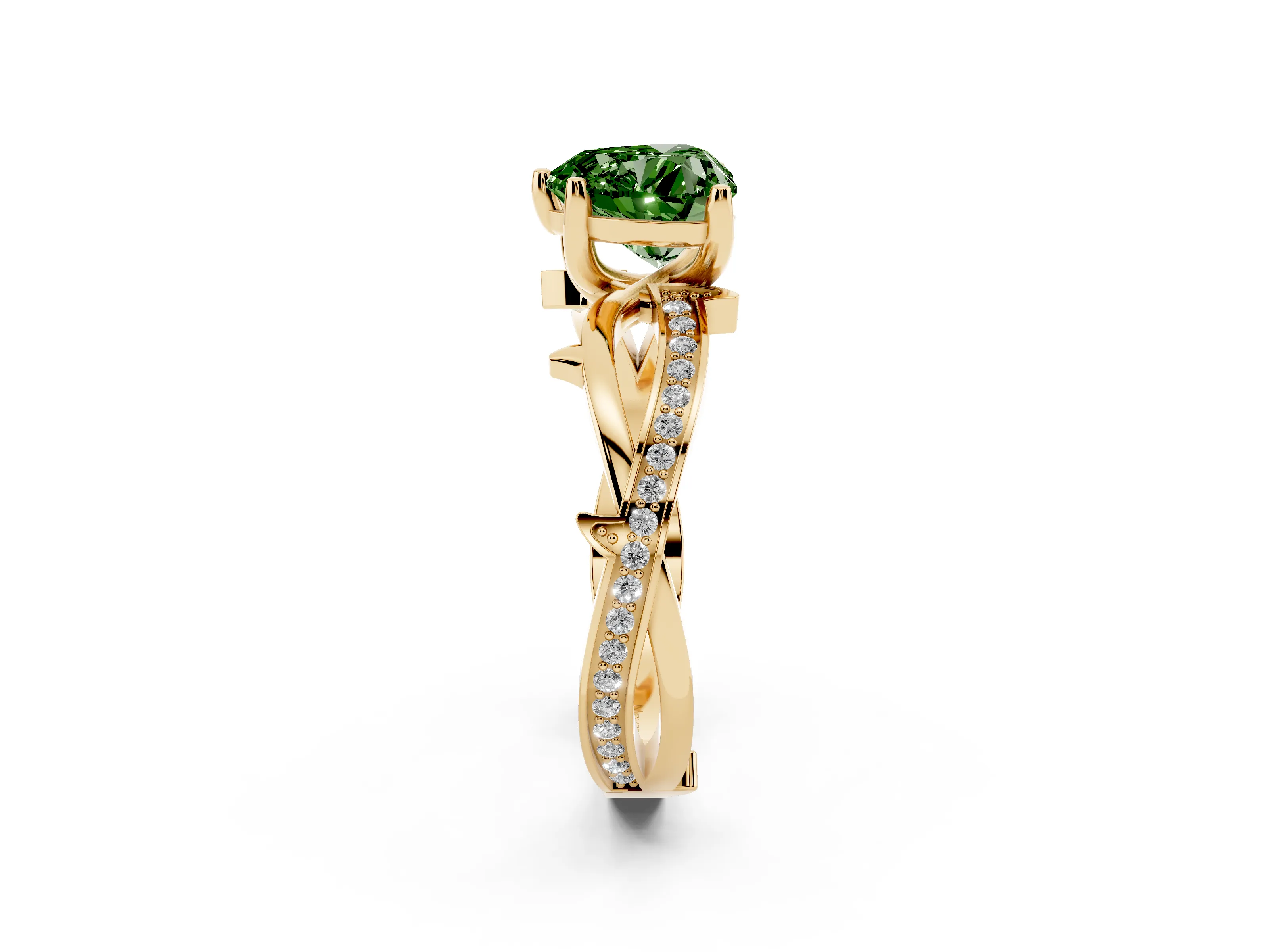 Fancy Green Heart Cut Diamond Pavé Twist Band Solitaire Ring Set in Yellow gold with Prong Setting