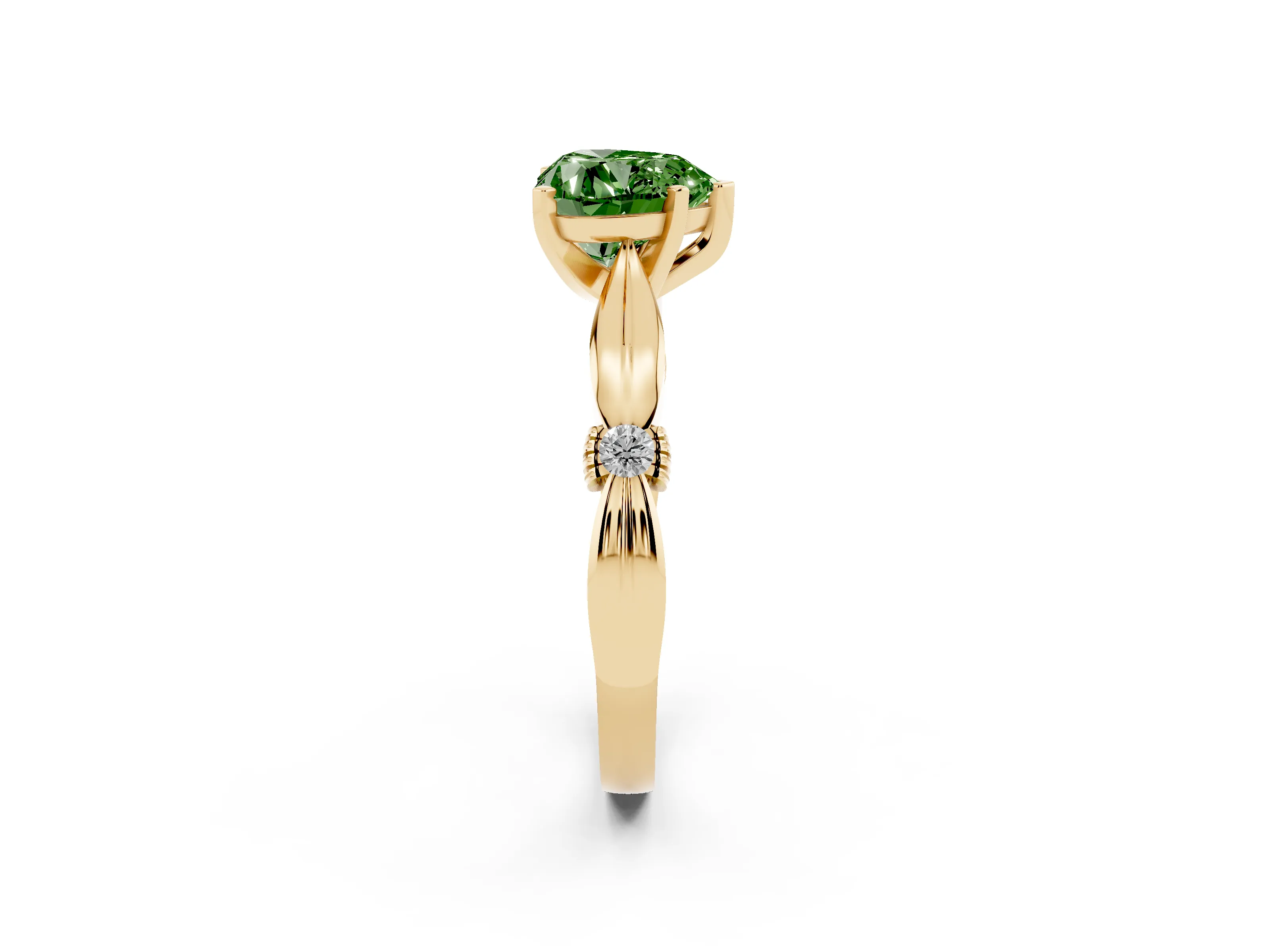Fancy Green Heart Cut Diamond Solitaire Twisted Band Ring Set in Yellow gold with Accent Stones and Prong Setting