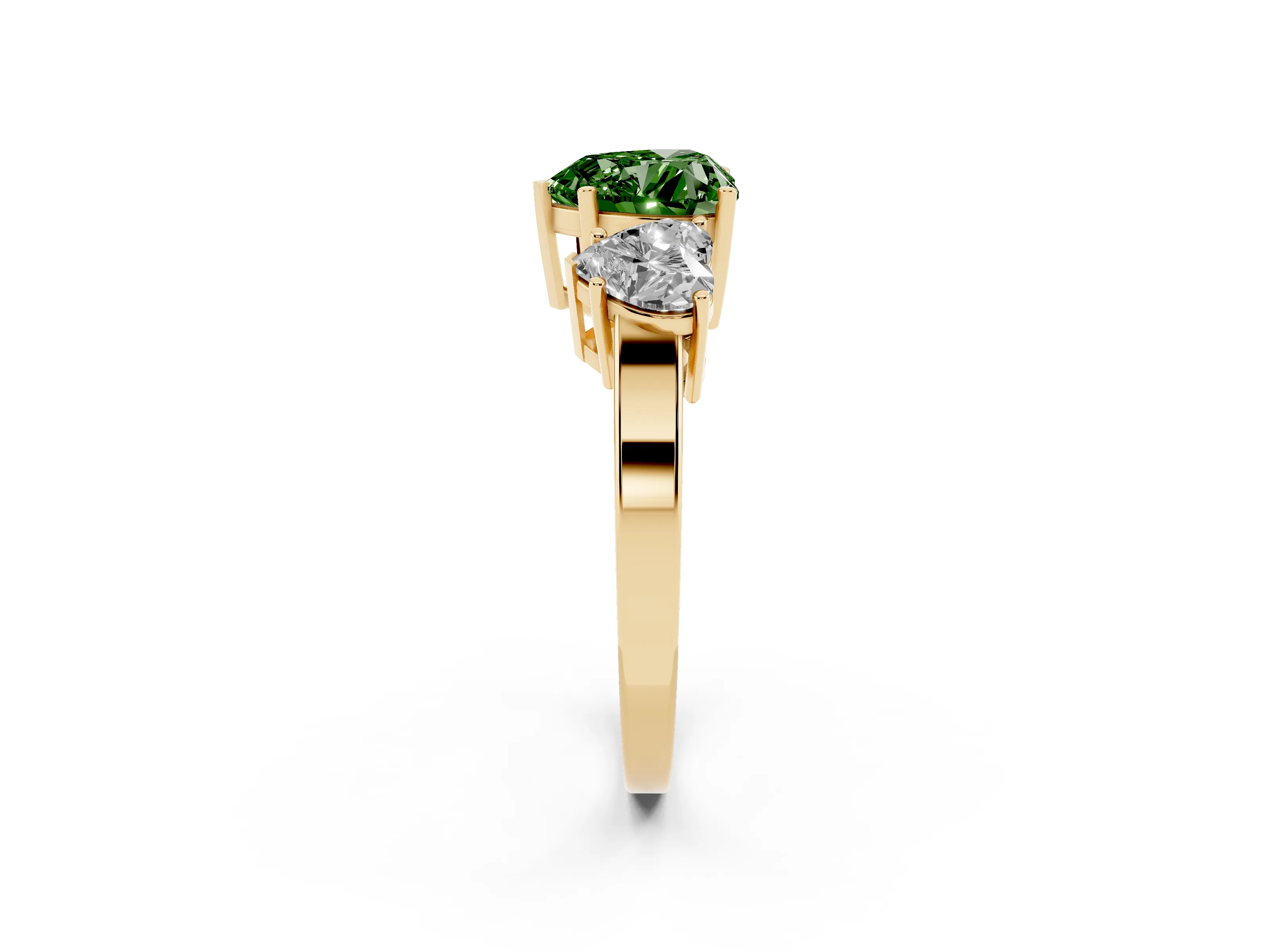 Fancy Green Heart Cut Diamond Three-Stone Engagement Ring Set in Yellow gold with Flat Band
