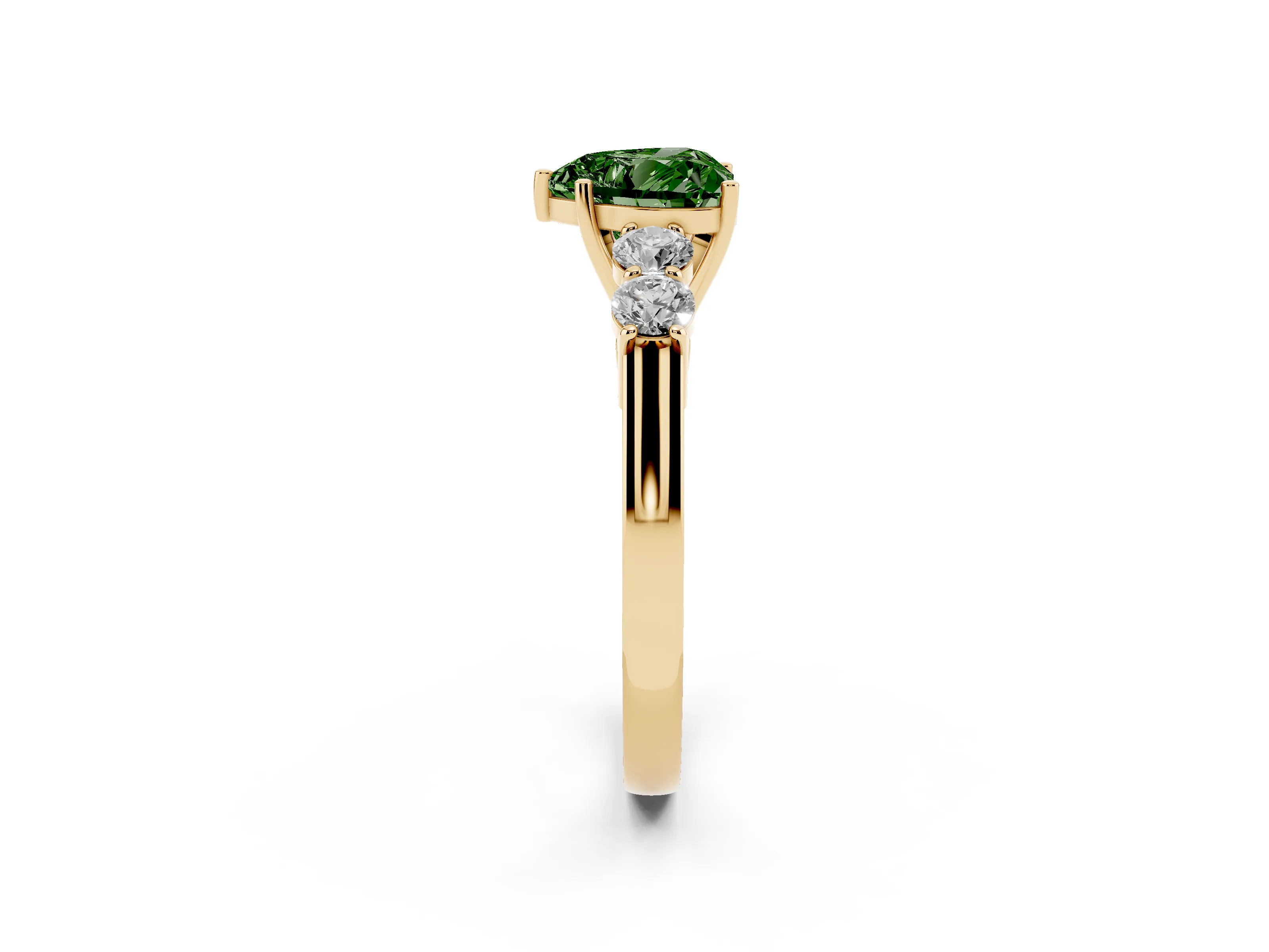 Fancy Green Heart Cut Diamond Five-Stone Prong Set Band Ring Set in Yellow gold with Polished Band