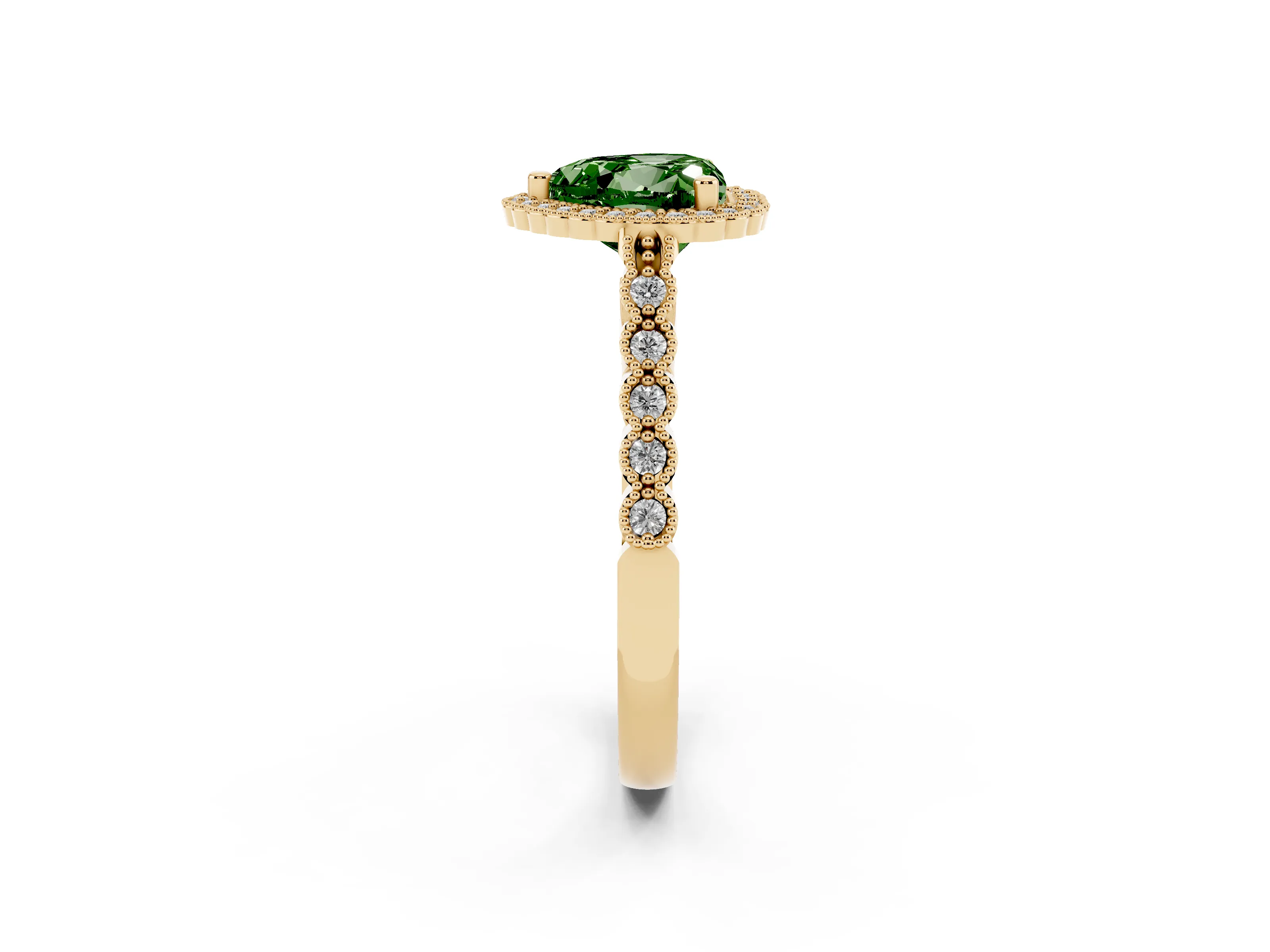 Fancy Green Heart Cut Diamond Halo Ring Set in Yellow gold with Pavé Milgrain Band