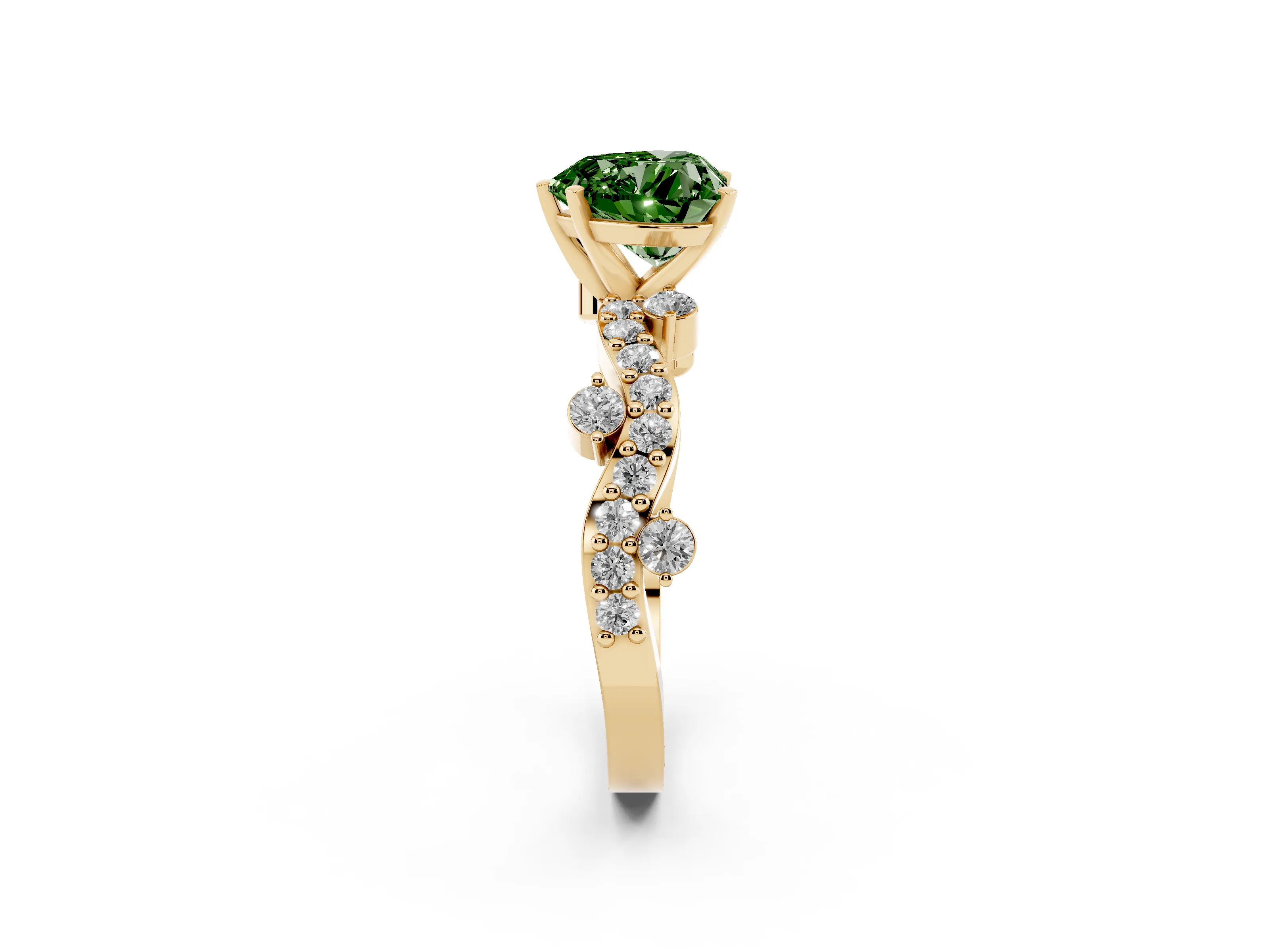Fancy Green Heart Cut Diamond Solitaire Twisted Band Set in Yellow gold with Pavé Setting