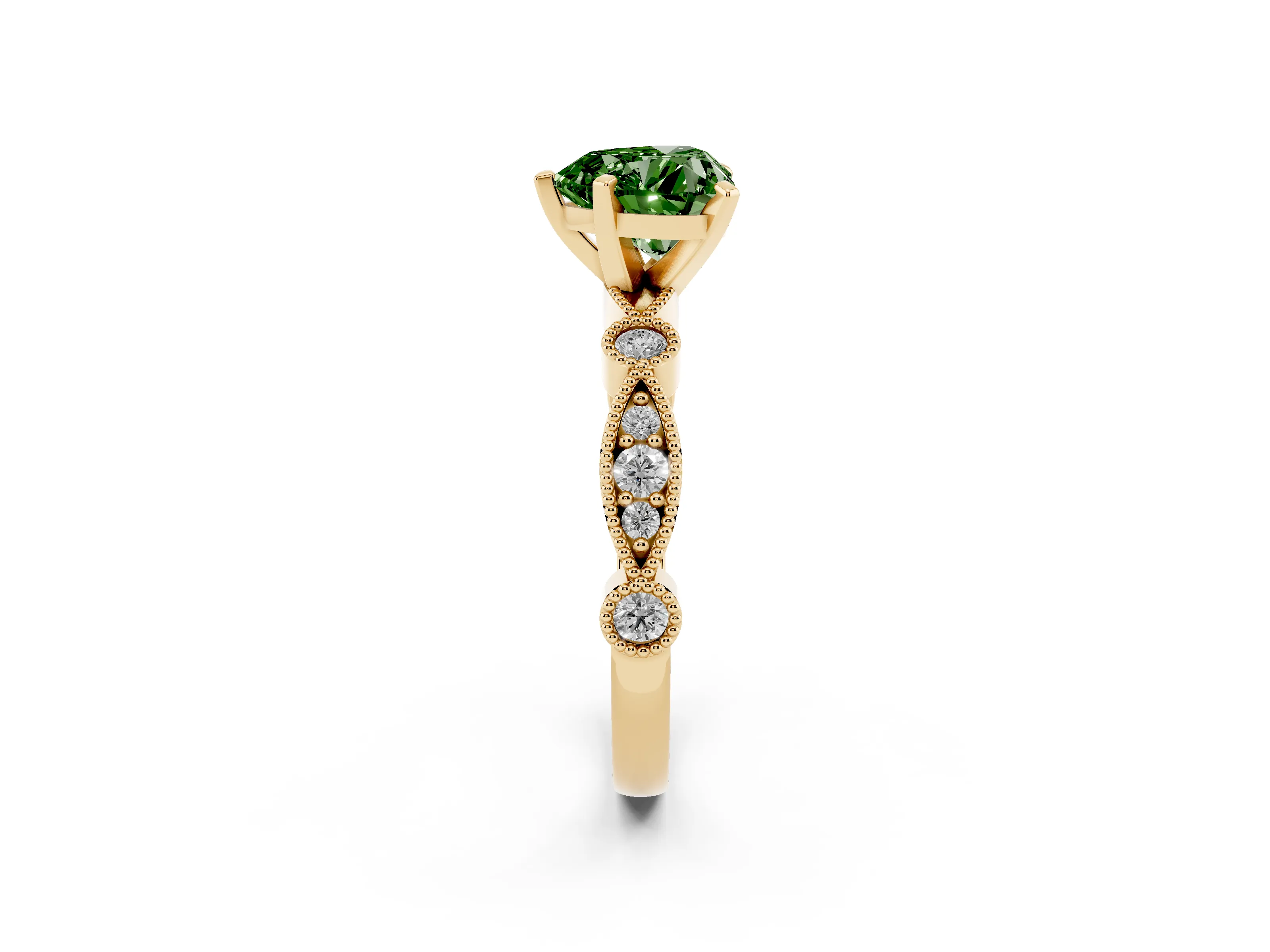 Fancy Green Heart Cut Diamond Solitaire Engagement Ring Set in Yellow gold with Milgrain Bezel Accent Band