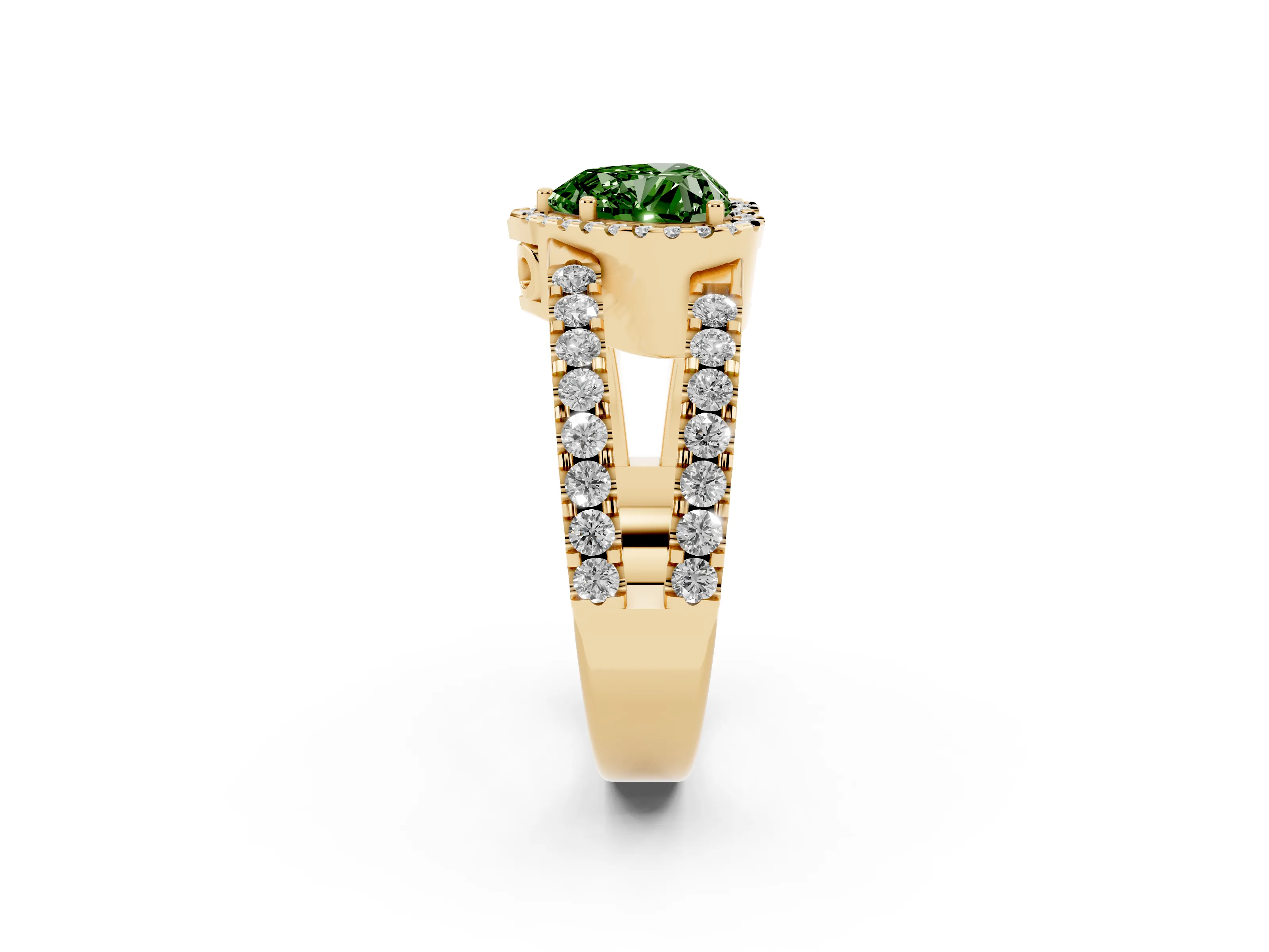 Fancy Green Heart Cut Diamond Halo Ring Set in Yellow gold with Pavé Split Shank and Prong Setting