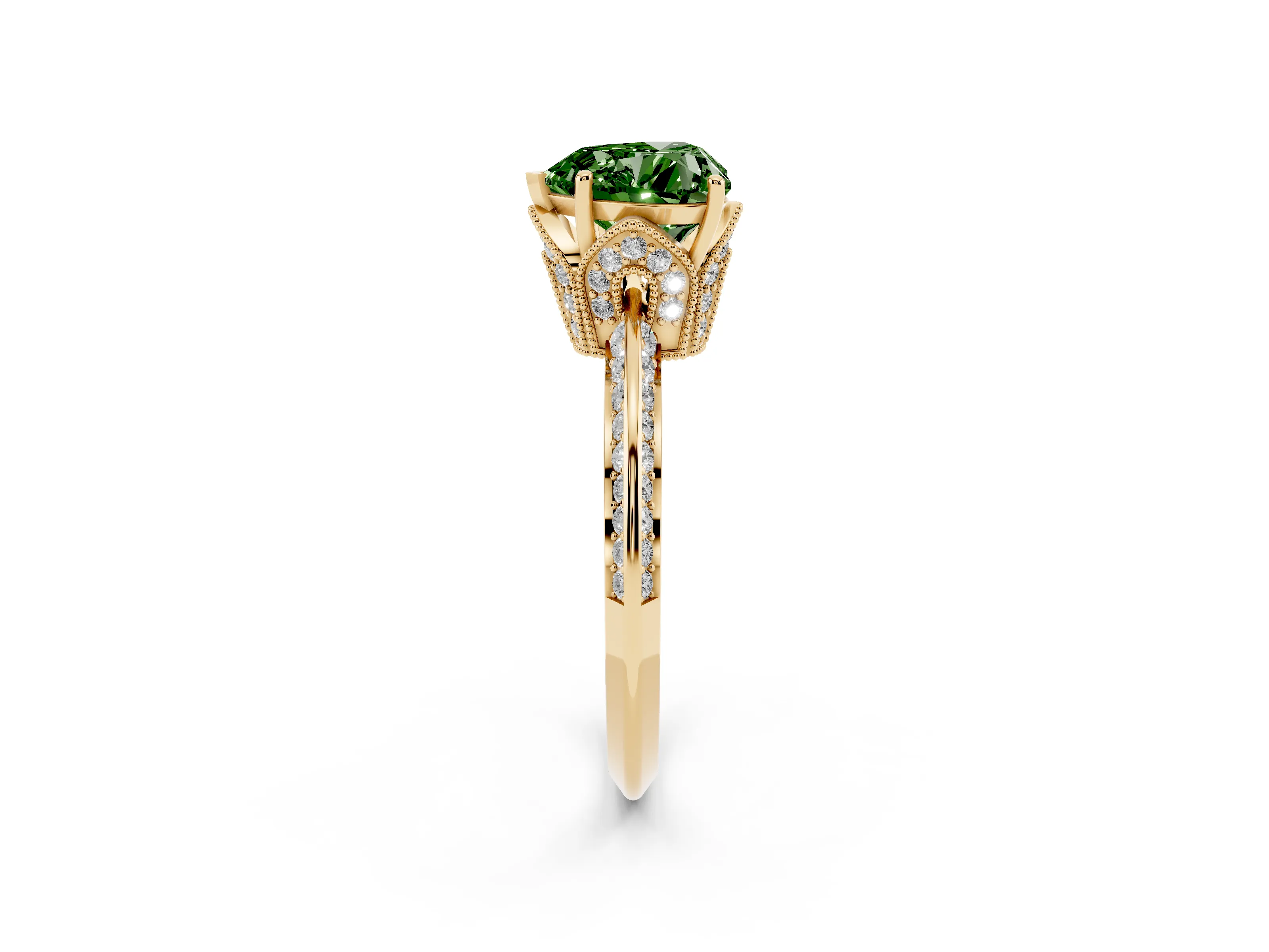 Fancy Green Heart Cut Diamond Solitaire Engagement Ring Set in Yellow gold with Pavé Split Shank and Prong Setting