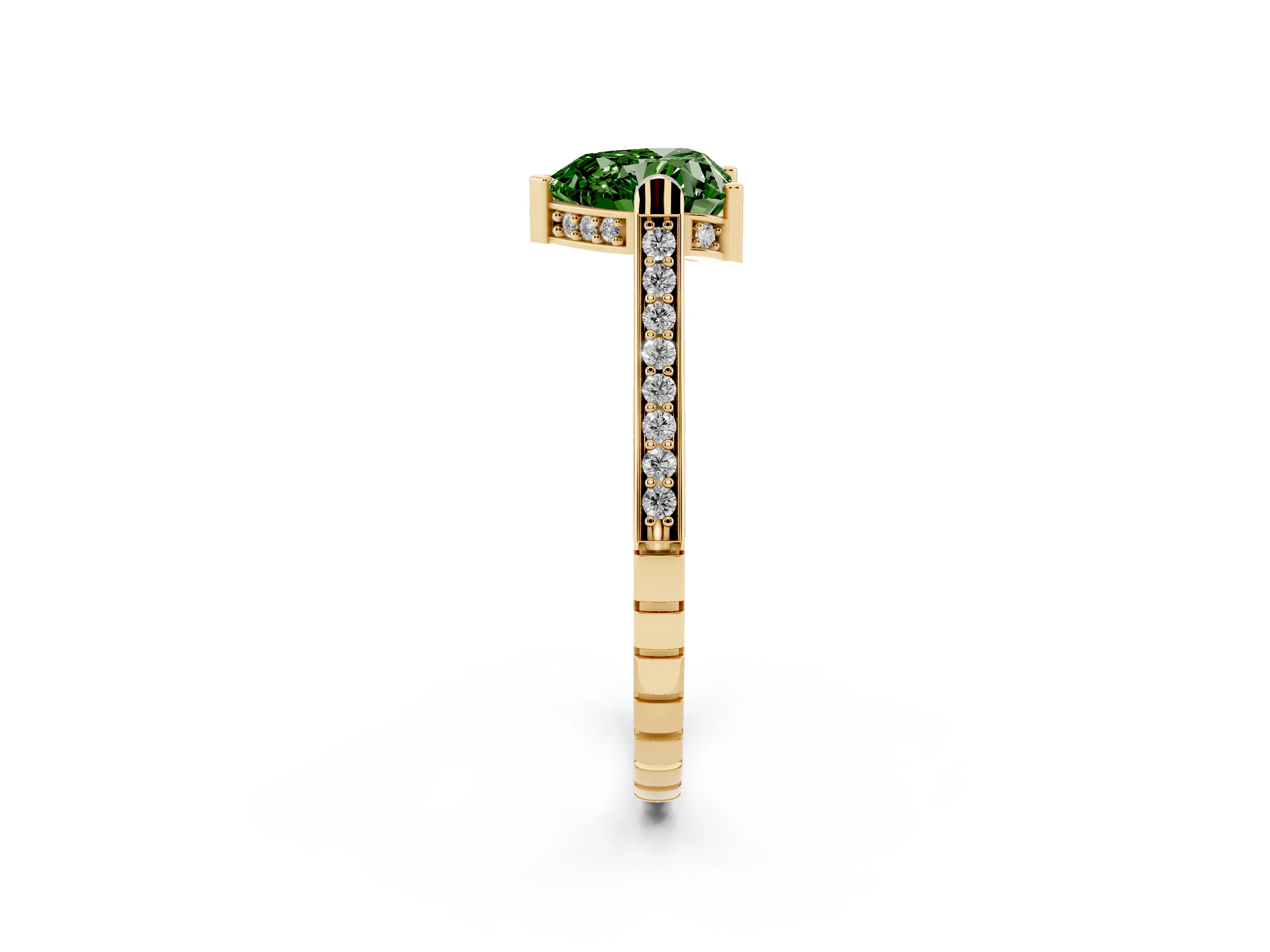 Fancy Green Heart Cut Diamond Solitaire Ring Set in Yellow gold with Channel Set Band and Bezel Prong Setting