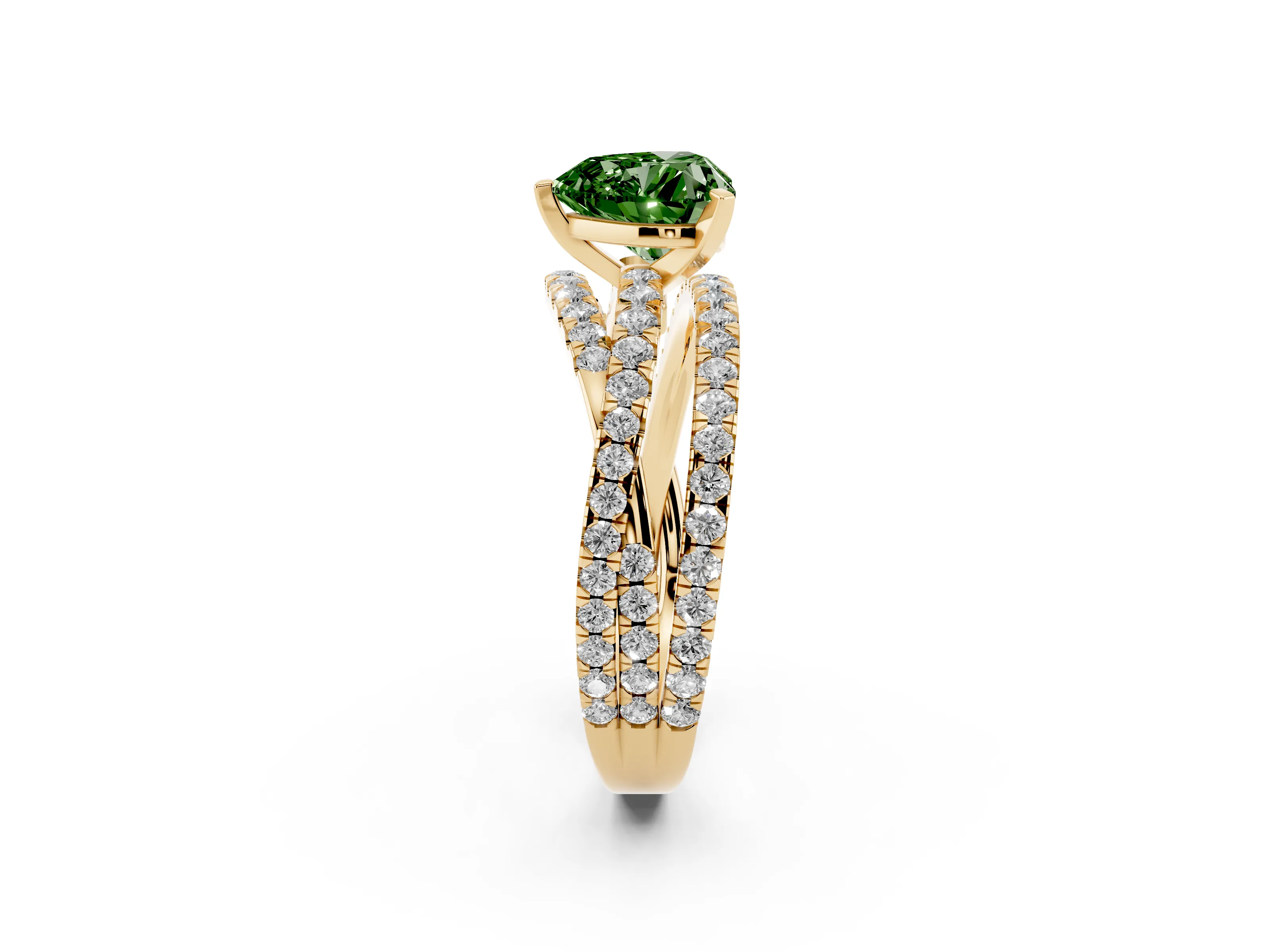 Fancy Green Heart Cut Diamond Solitaire Twist Band Ring Set in Yellow gold with Pavé Setting and Prong Head