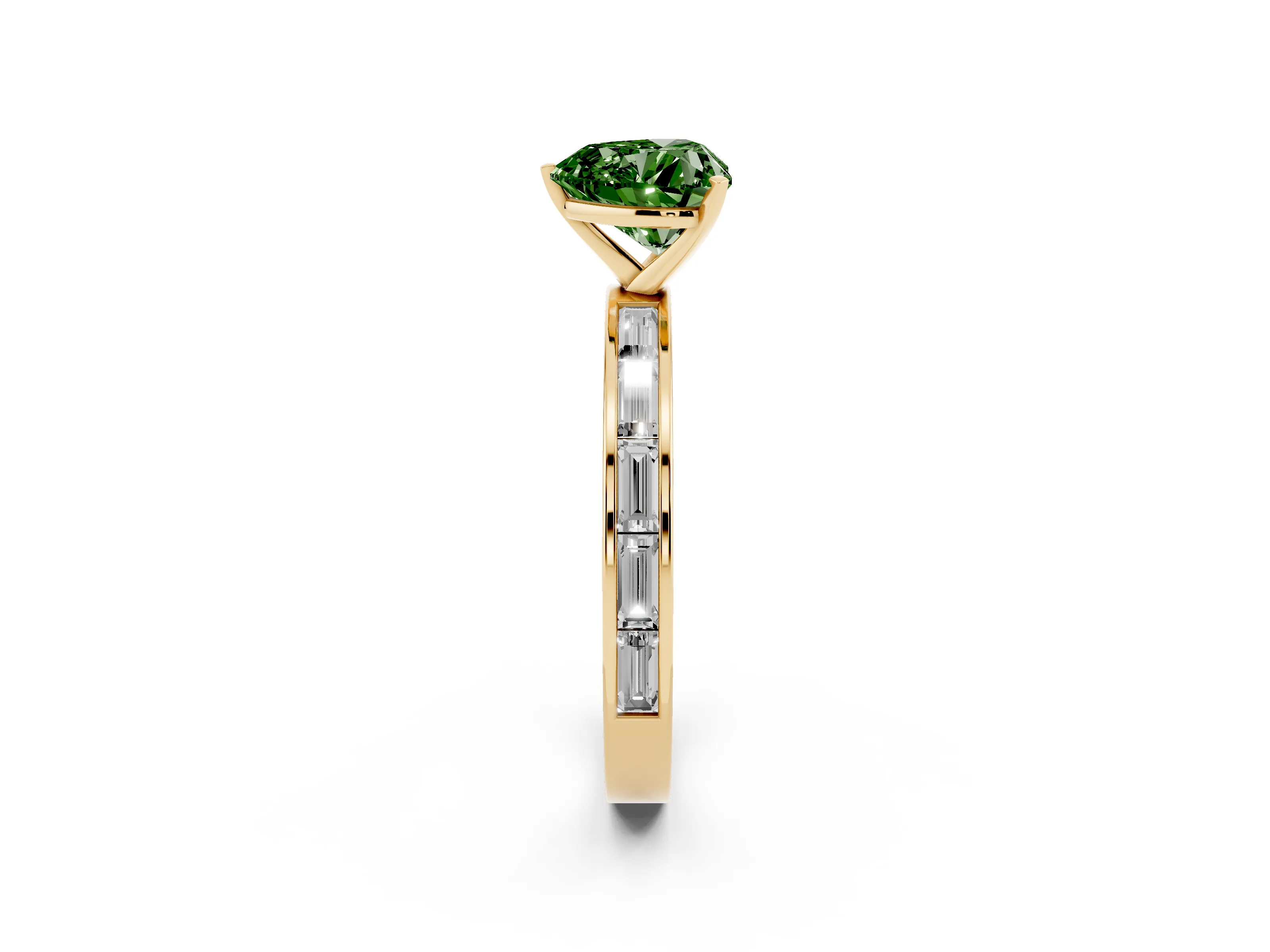 Fancy Green Heart Cut Diamond Solitaire Ring Set in Yellow gold with Channel-Set Baguette Band and Prong Setting
