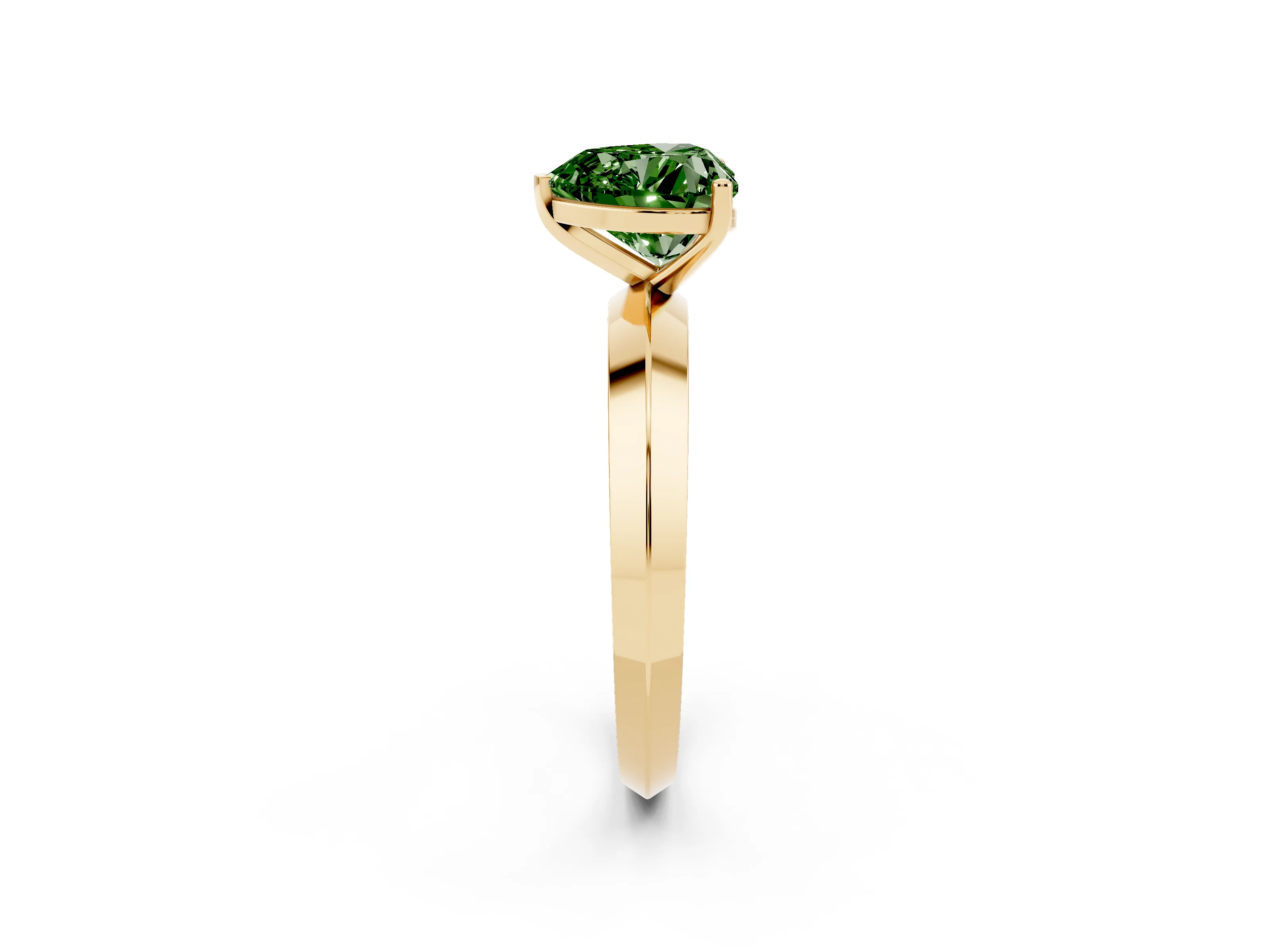 Fancy Green Heart Cut Diamond Solitaire Engagement Ring Set in Yellow gold with Flat Band and Prong Setting