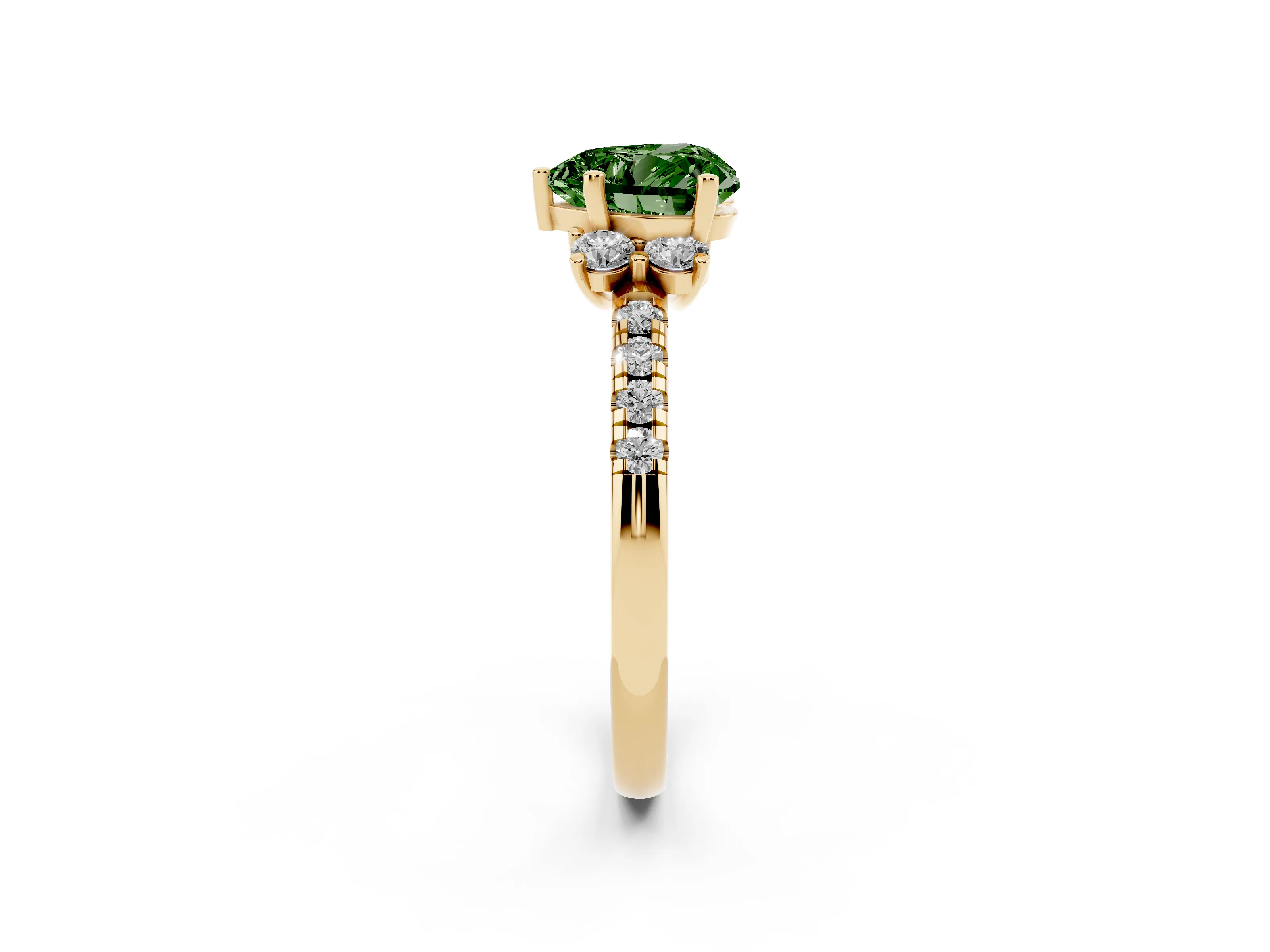 Fancy Green Heart Cut Diamond Three-Stone Pavé Ring Set in Yellow gold with Prong Setting