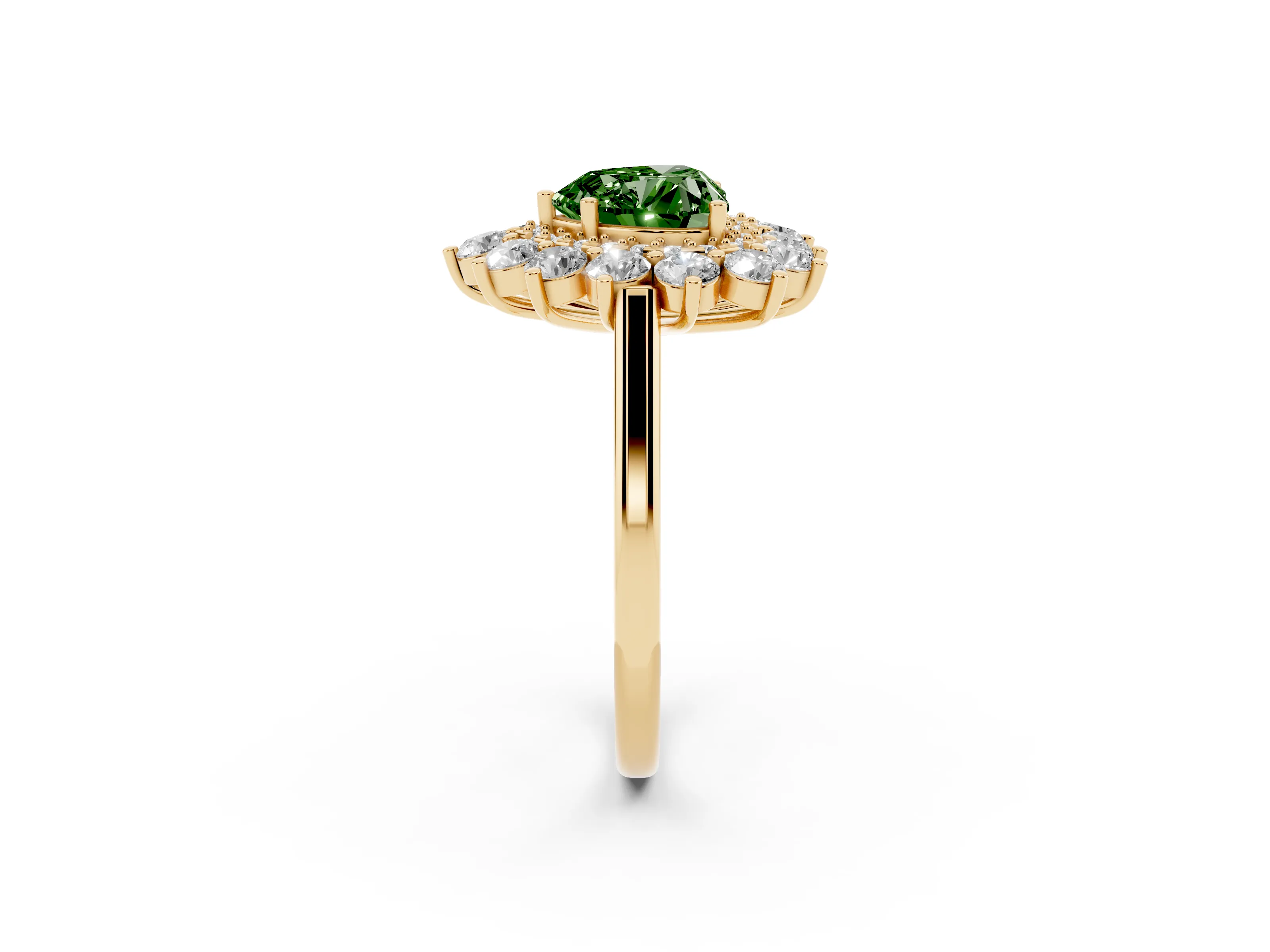 Fancy Green Heart Cut Diamond Floral Double Halo Ring Set in Yellow gold with Round Petals