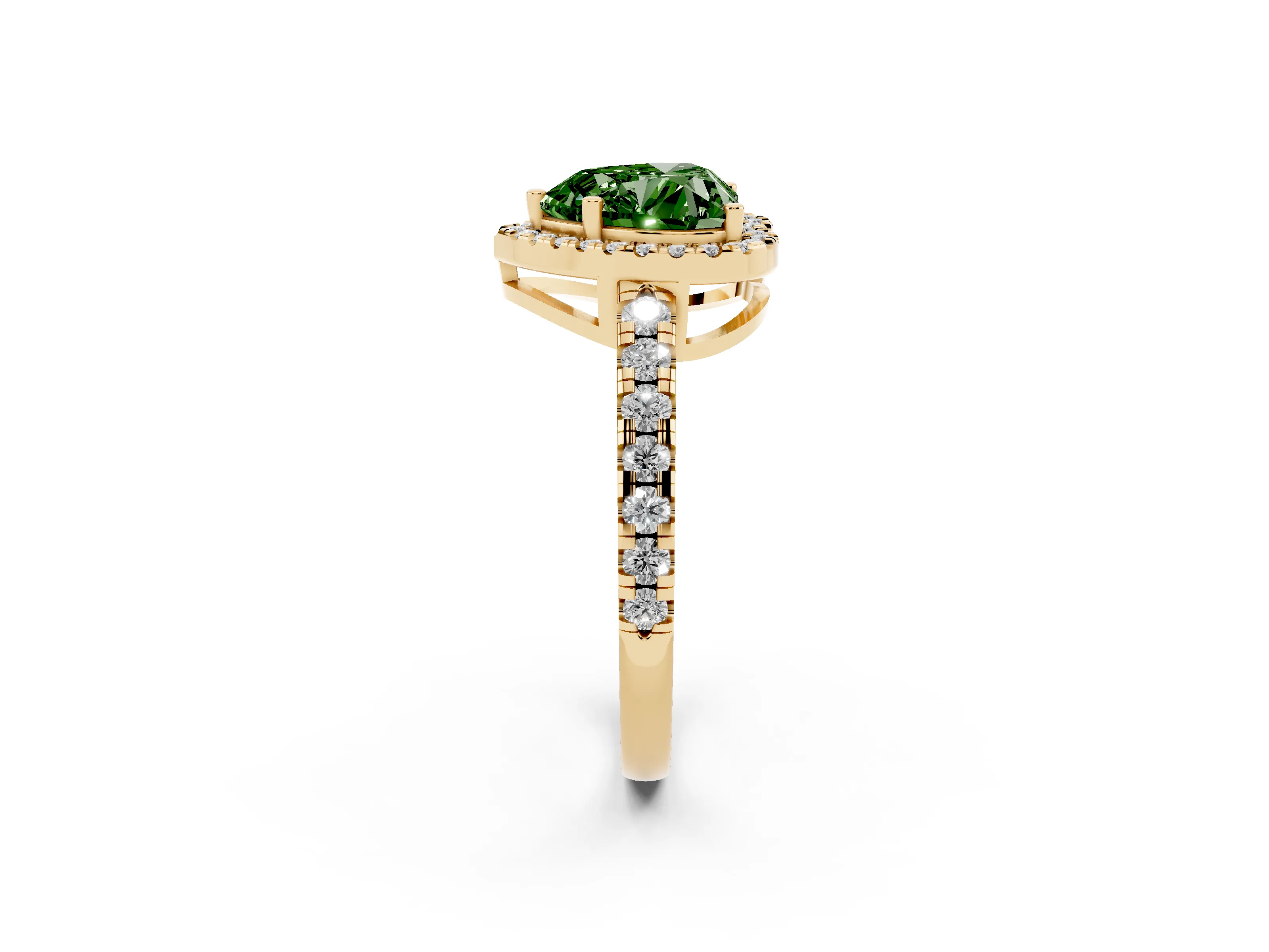 Fancy Green Heart Cut Diamond Halo Ring Set in Yellow gold with Delicate Pavé Band and Prong Setting