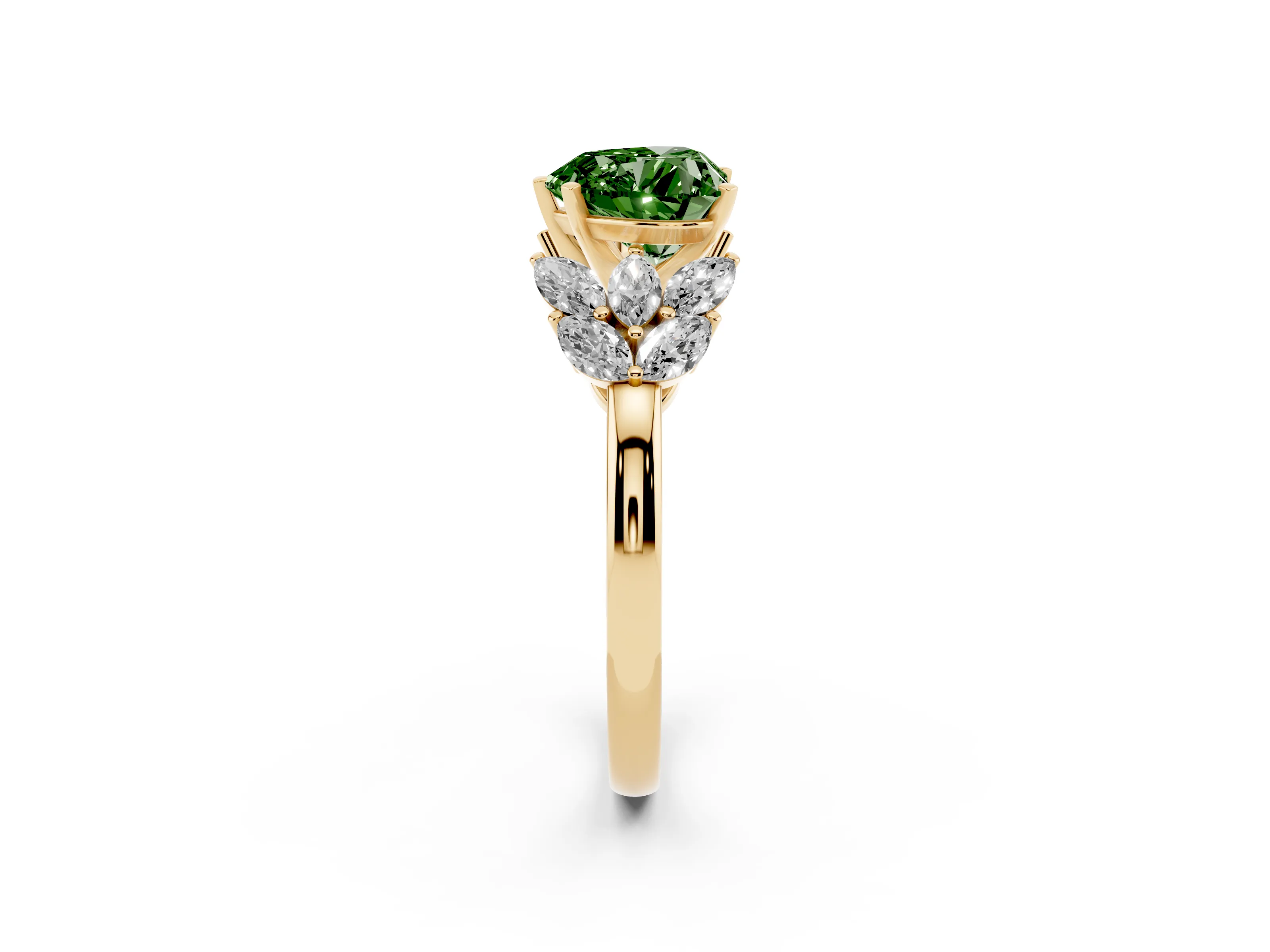 Fancy Green Heart Cut Diamond Cluster Leaf Design Ring Set in Yellow gold with Prong Setting