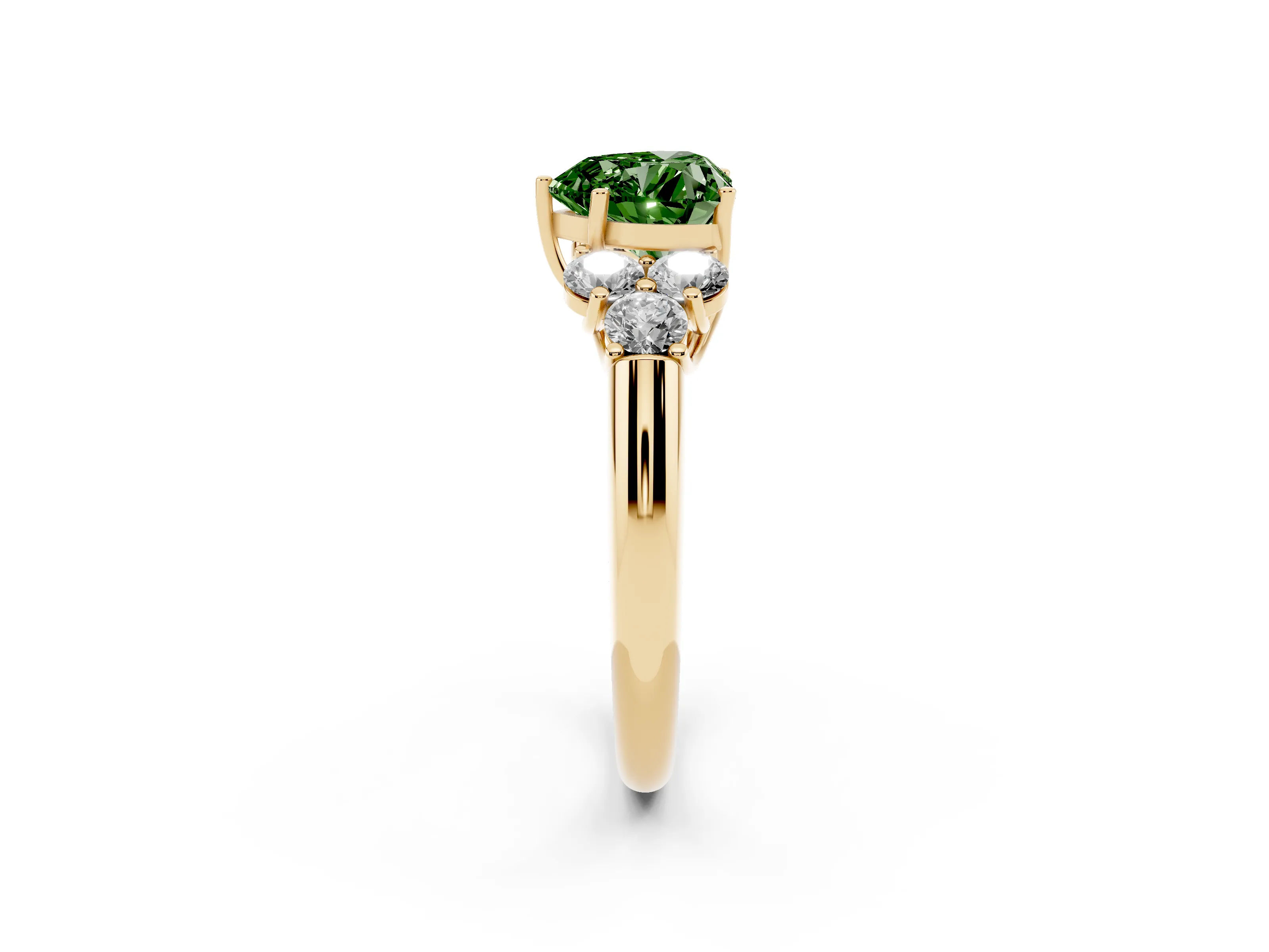 Fancy Green Heart Cut Diamond Cluster Ring Set in Yellow gold with Round Accent Stones and Prong Setting on a Plain Band