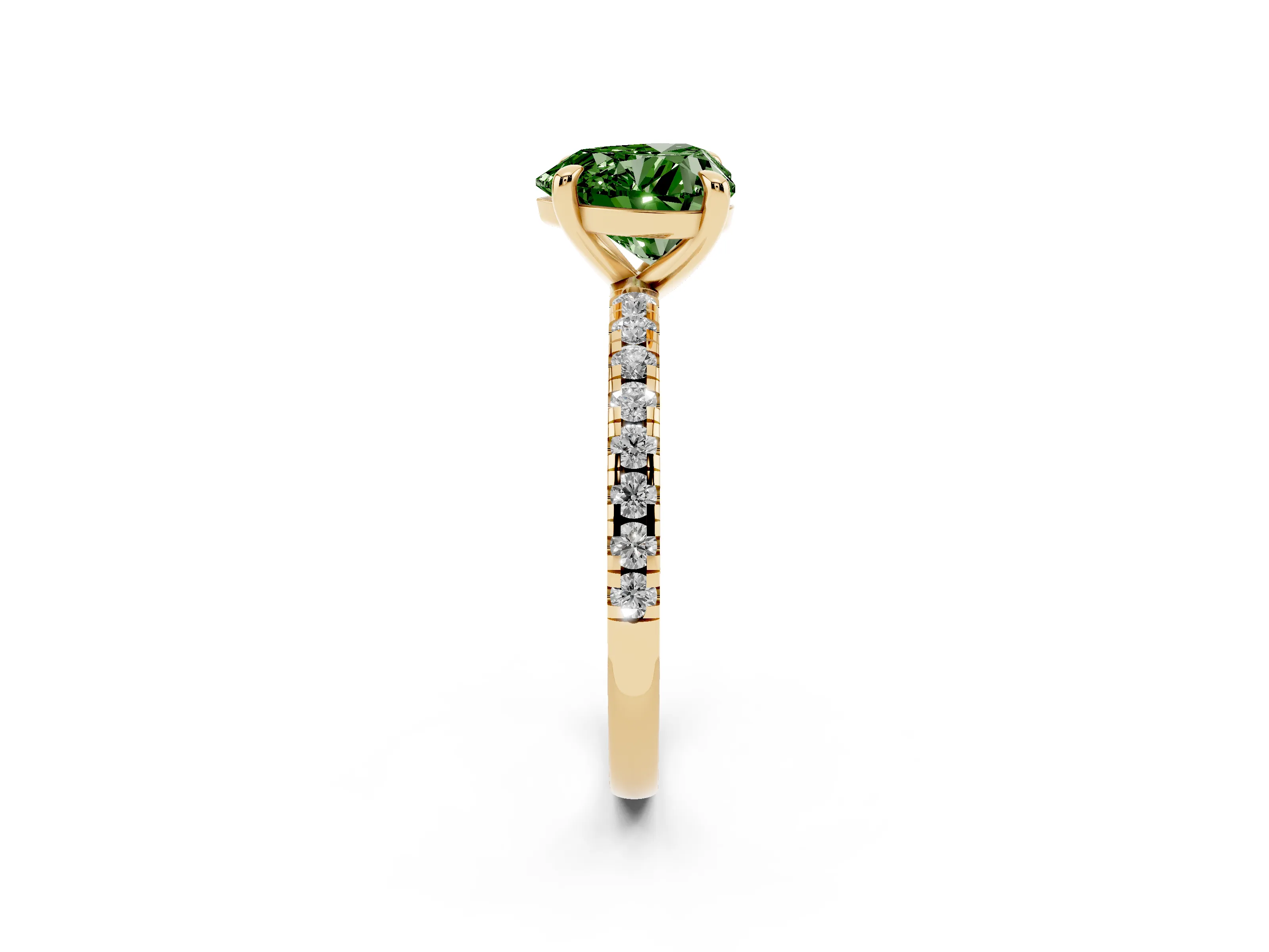 Fancy Green Heart Cut Diamond Brilliant Solitaire Ring Set in Yellow gold with Pavé Band and Prong Setting